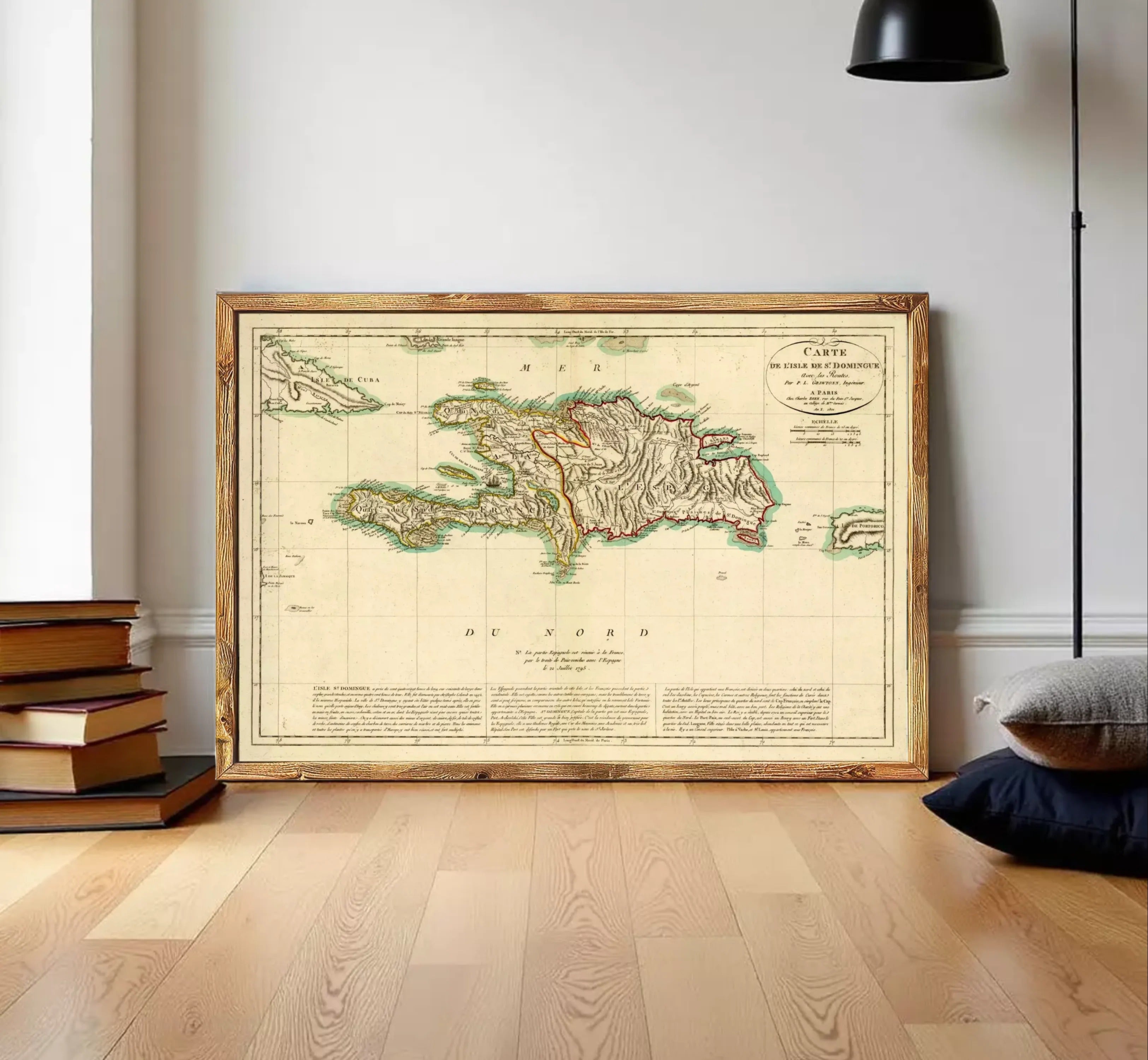 The image is a framed antique map of the Caribbean region, depicting the island of Cuba.