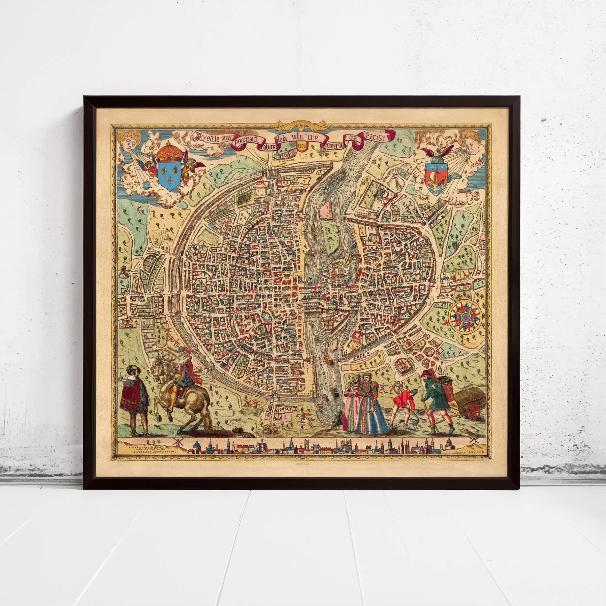 The image is a framed vintage map of a city, featuring intricate illustrations and detailed cartography.