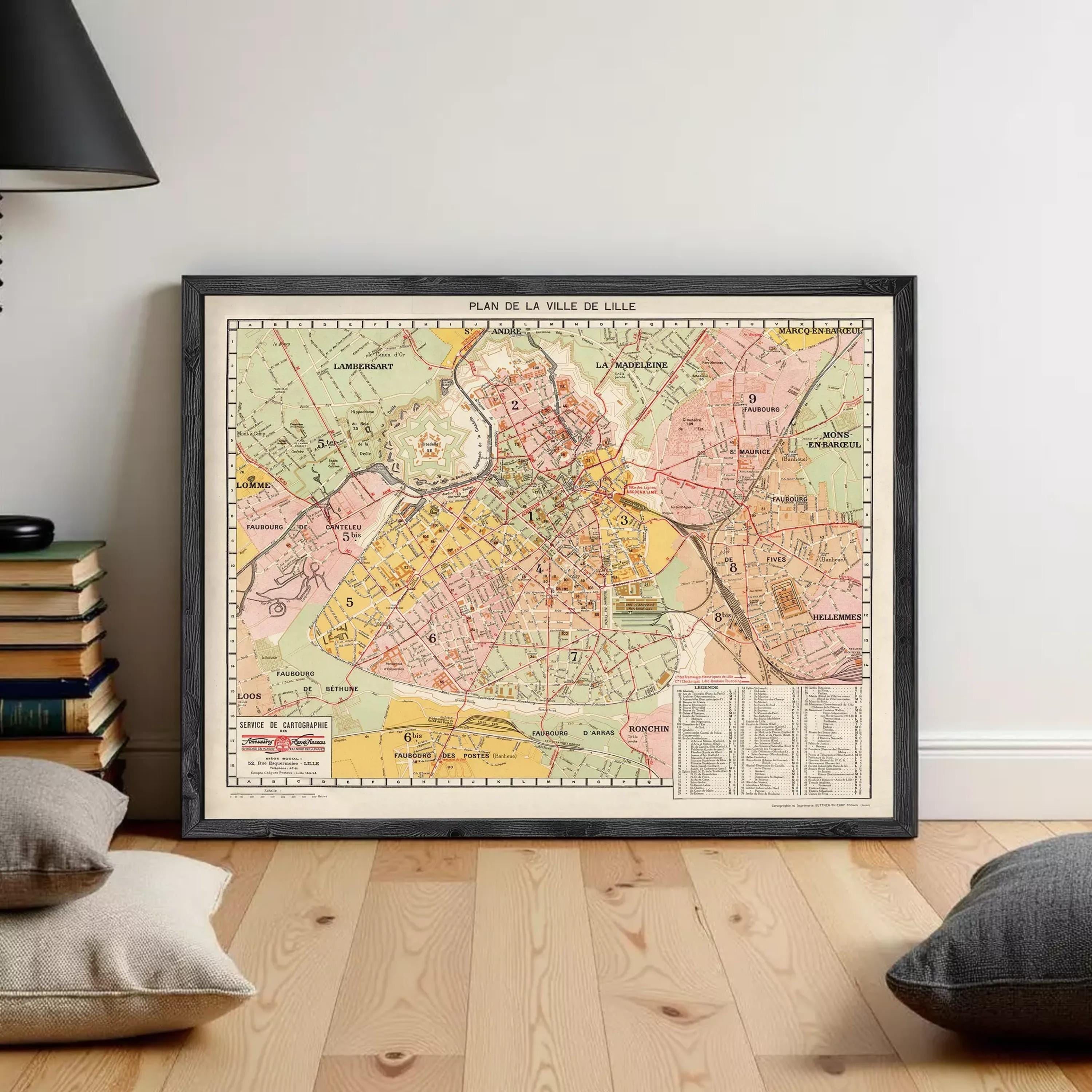 The image is a framed vintage map of Paris, France, depicting the city's streets and landmarks.