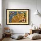 The image is a framed illustration depicting a colorful and detailed map of a region, with various landmarks and elements such as palm trees, buildings, and people.