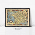 The image is a framed vintage map of France, featuring intricate illustrations and detailed geographical information.