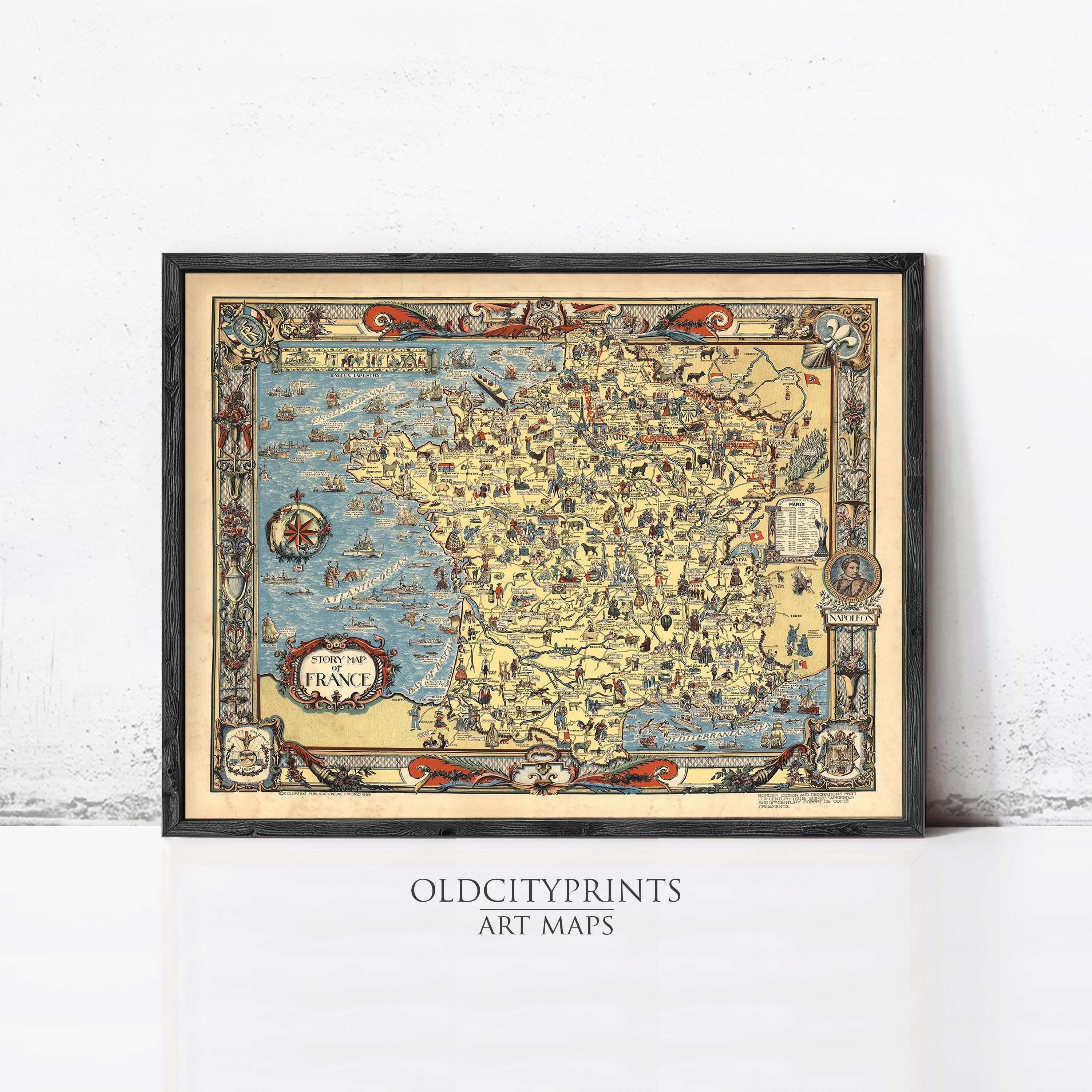 The image is a framed vintage map of France, featuring intricate illustrations and detailed geographical information.