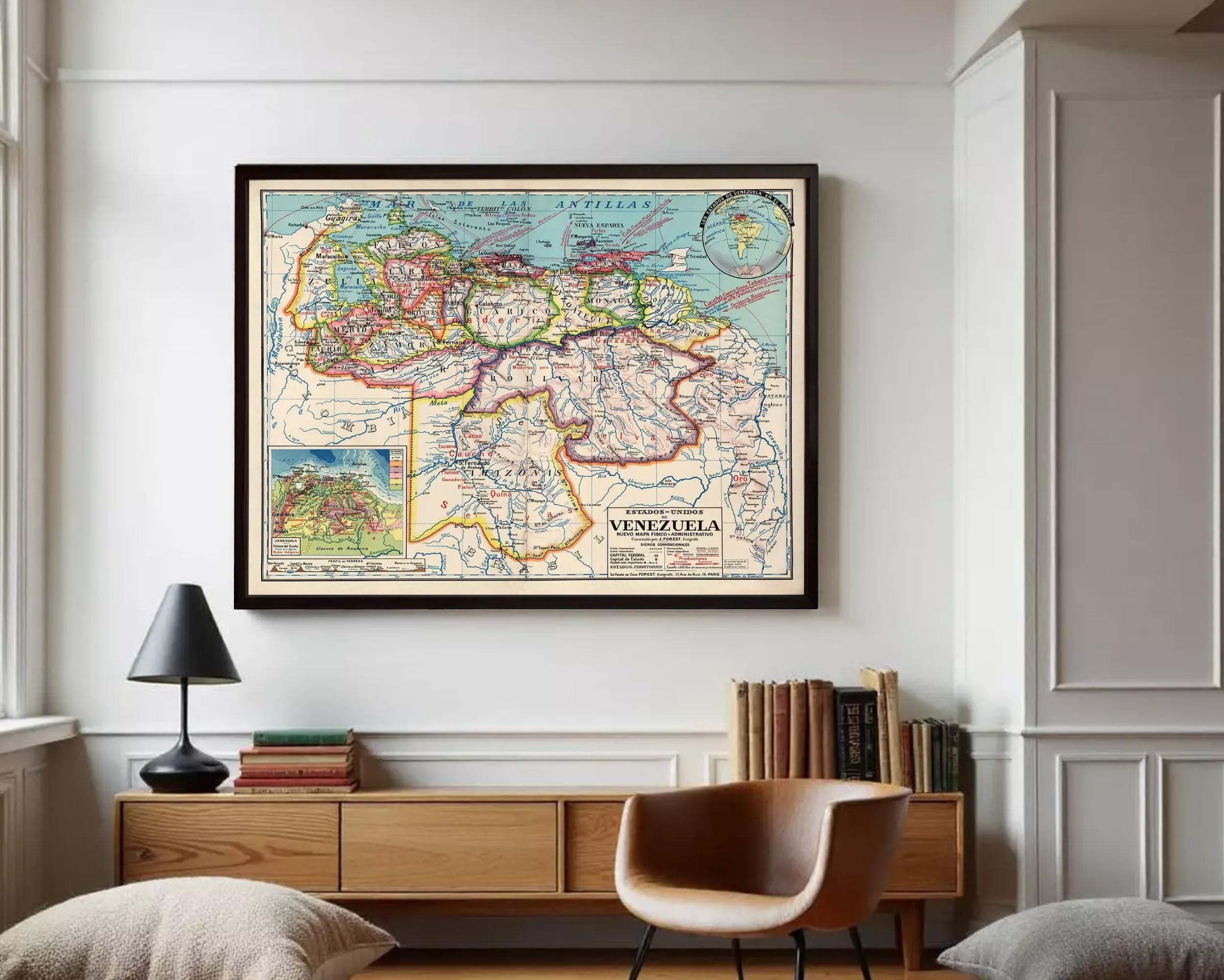 The image is a framed vintage map of Venezuela, depicting the country's geographical layout and surrounding areas.