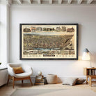 The image is a framed vintage map of Tacoma, Washington, depicting various buildings and landmarks across the city.