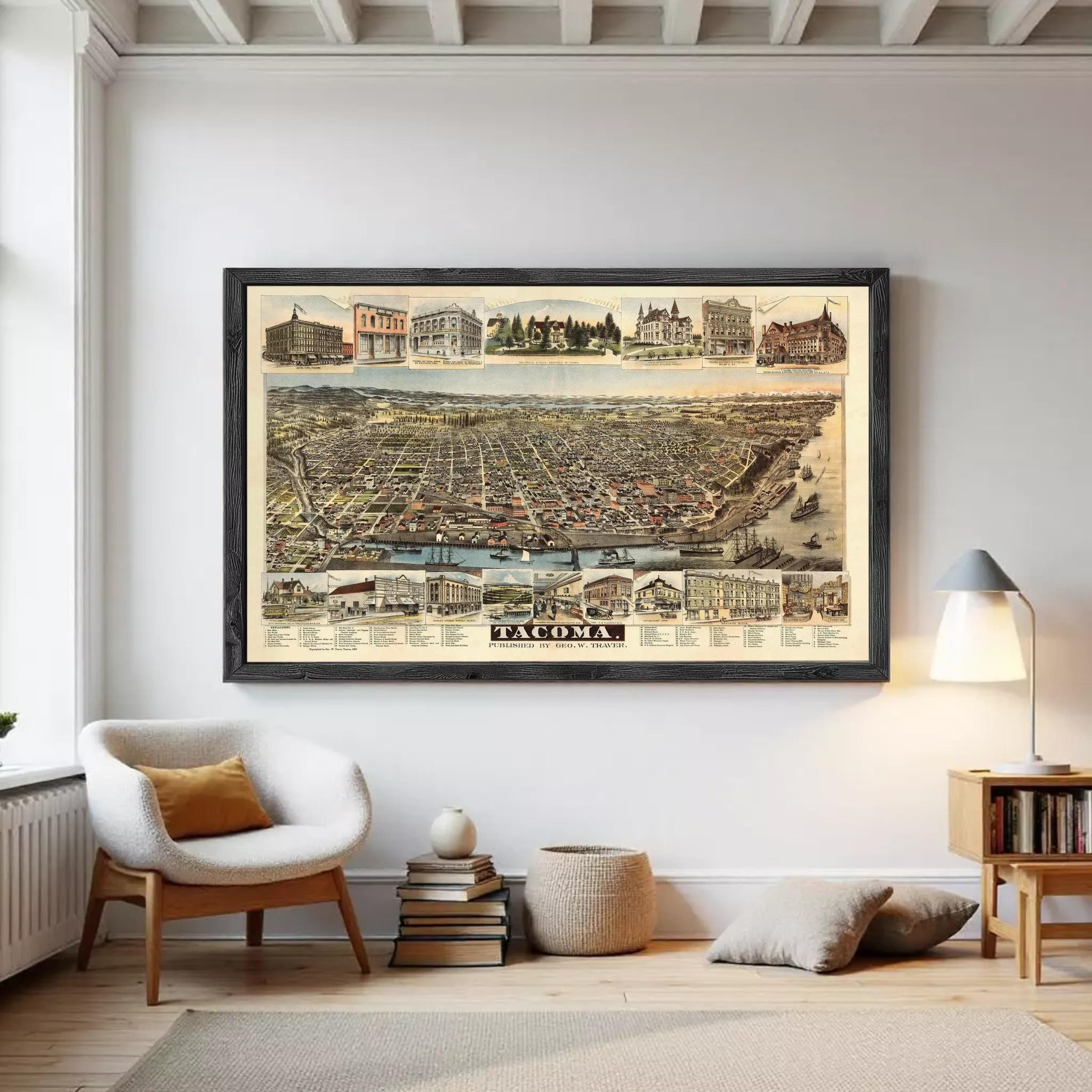 The image is a framed vintage map of Tacoma, Washington, depicting various buildings and landmarks across the city.