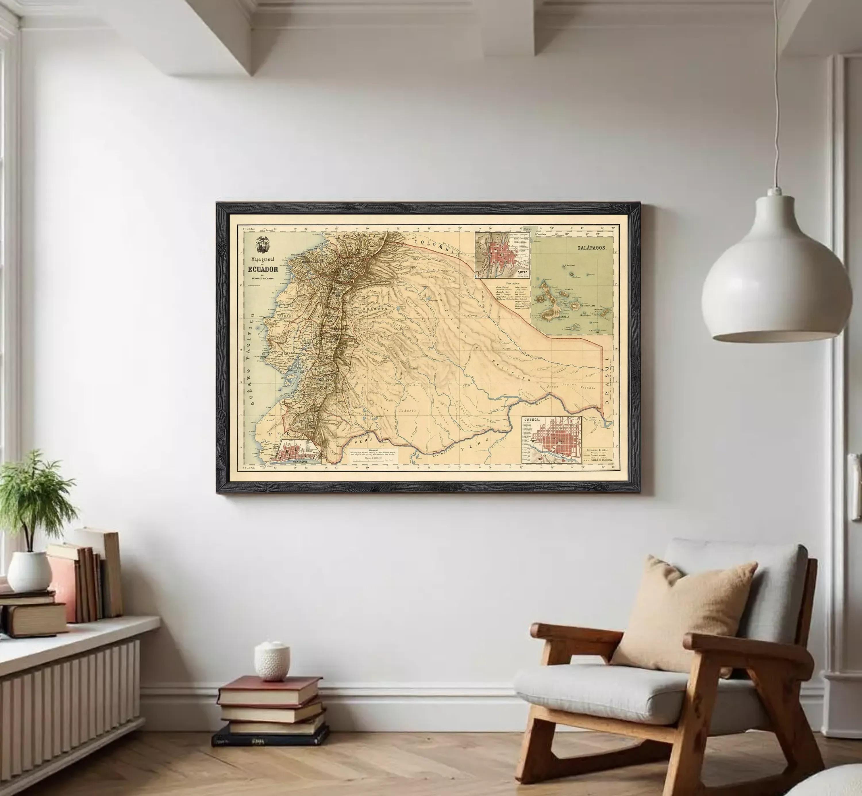 The image is a framed vintage map of South America, specifically the Andes mountain range, with a focus on the countries of Colombia, Venezuela, and Ecuador.