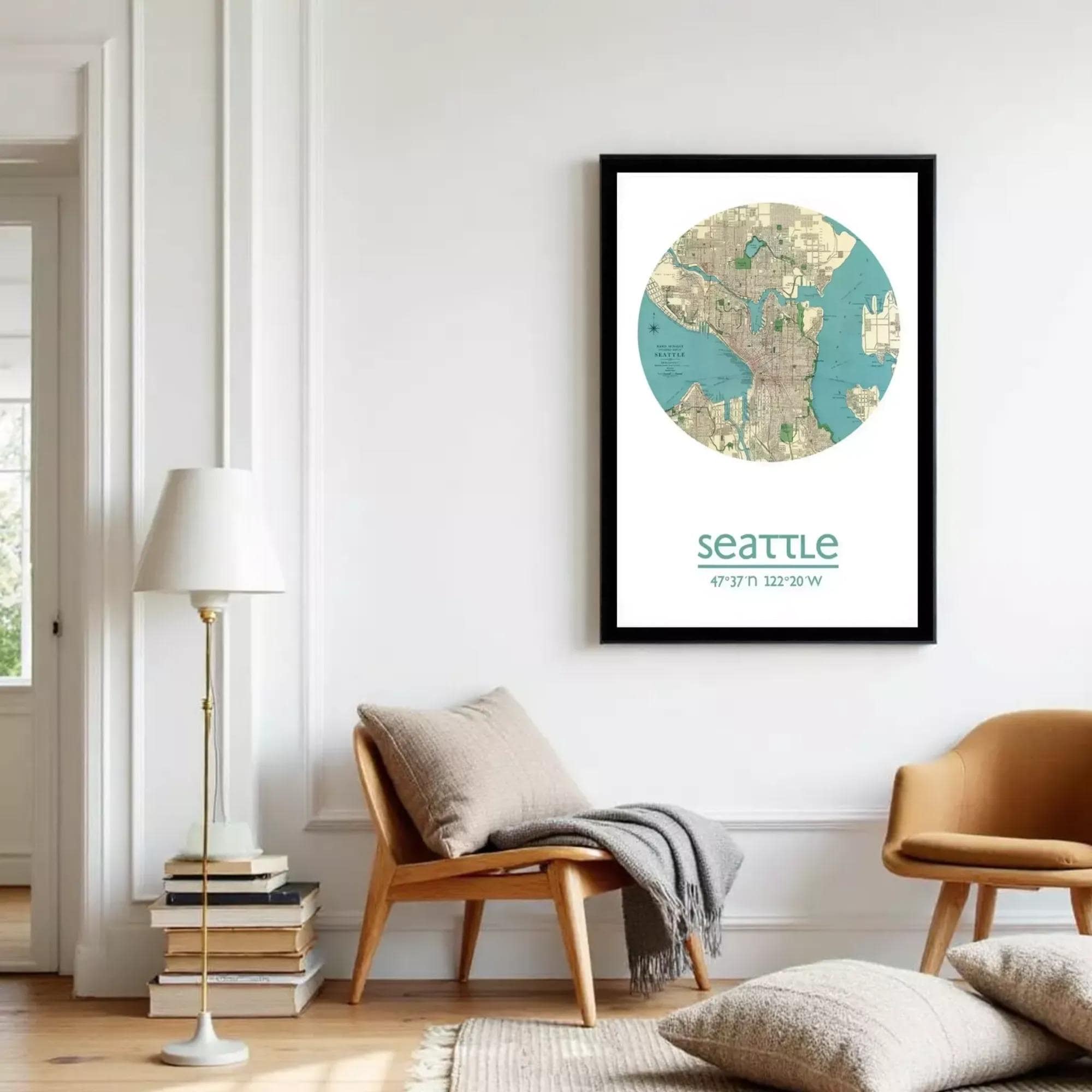 A framed map of Seattle, Washington, with the city's location and surrounding areas marked.