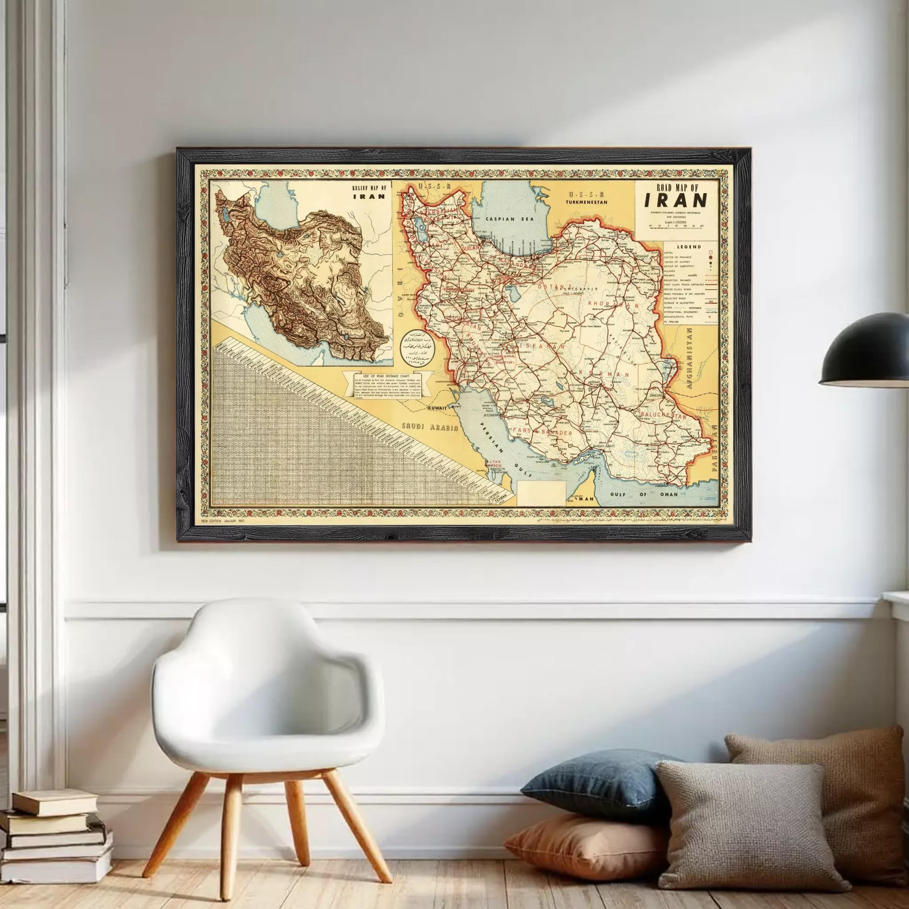 The image is a framed vintage map of Iran, depicting the country's geographical layout and surrounding areas.