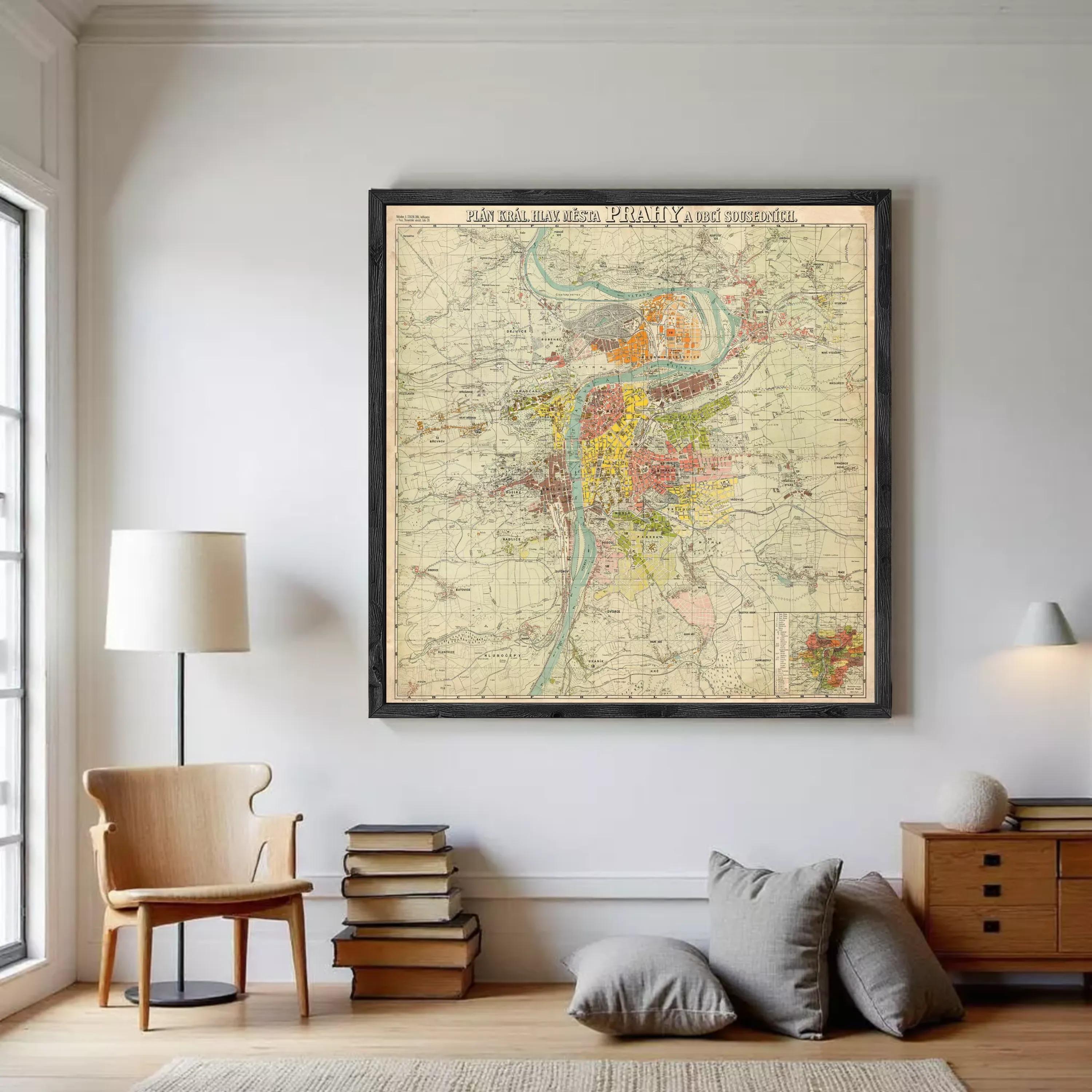 The image is a framed vintage map of a city, depicting various landmarks and geographical features.