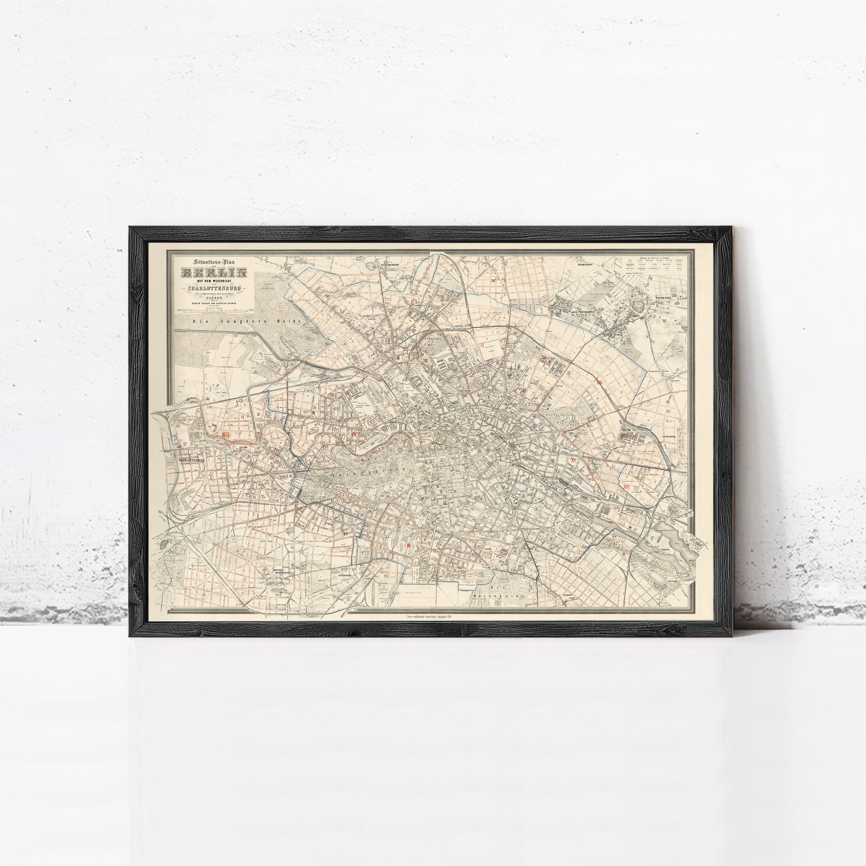 The image is a framed vintage map of Berlin, Germany, depicting the city's streets and landmarks.
