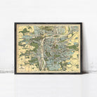 The image is a framed vintage map of a city, likely Paris, with various streets, landmarks, and geographical features depicted.