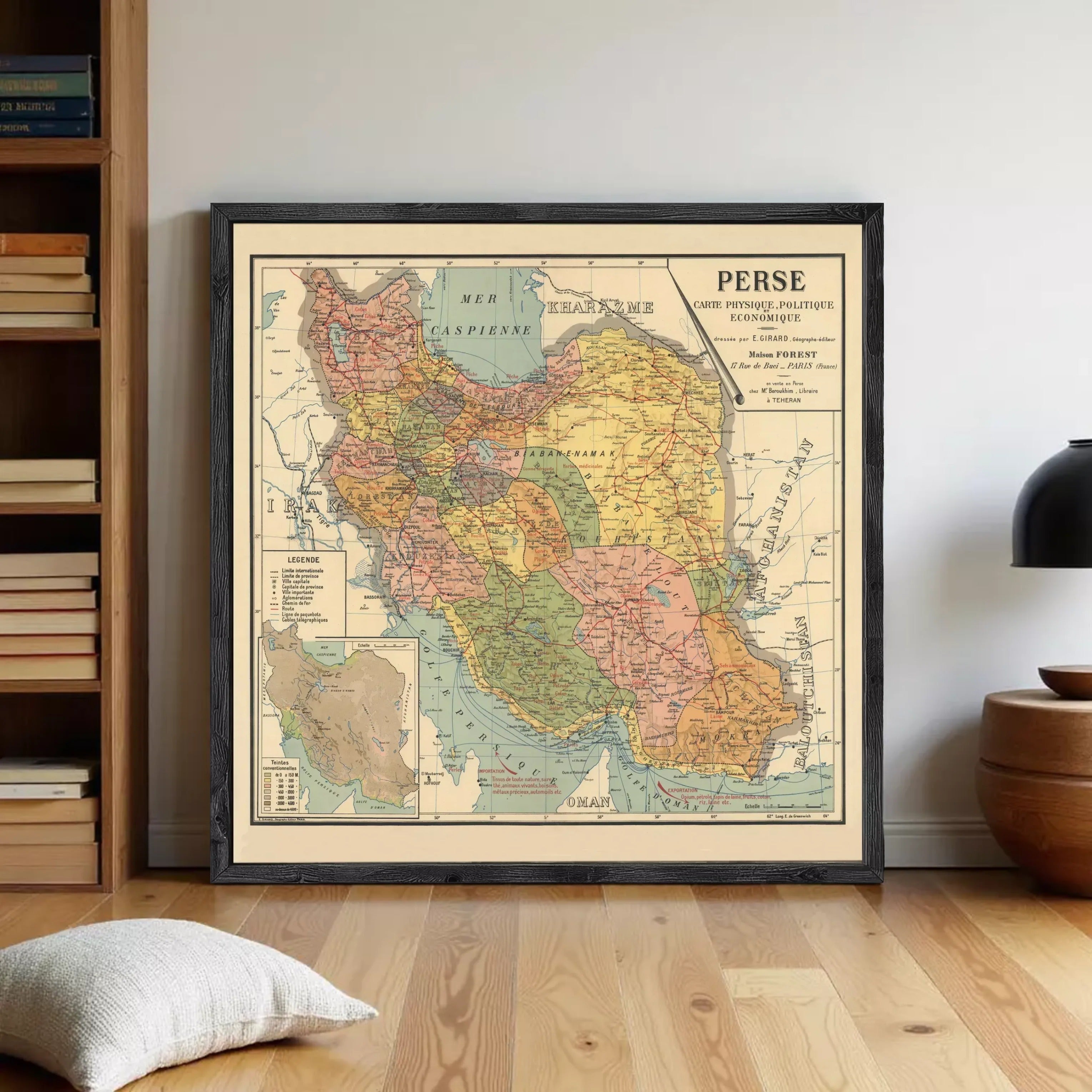 The image is a framed vintage map of Persia, showing the country's geographical layout and boundaries.