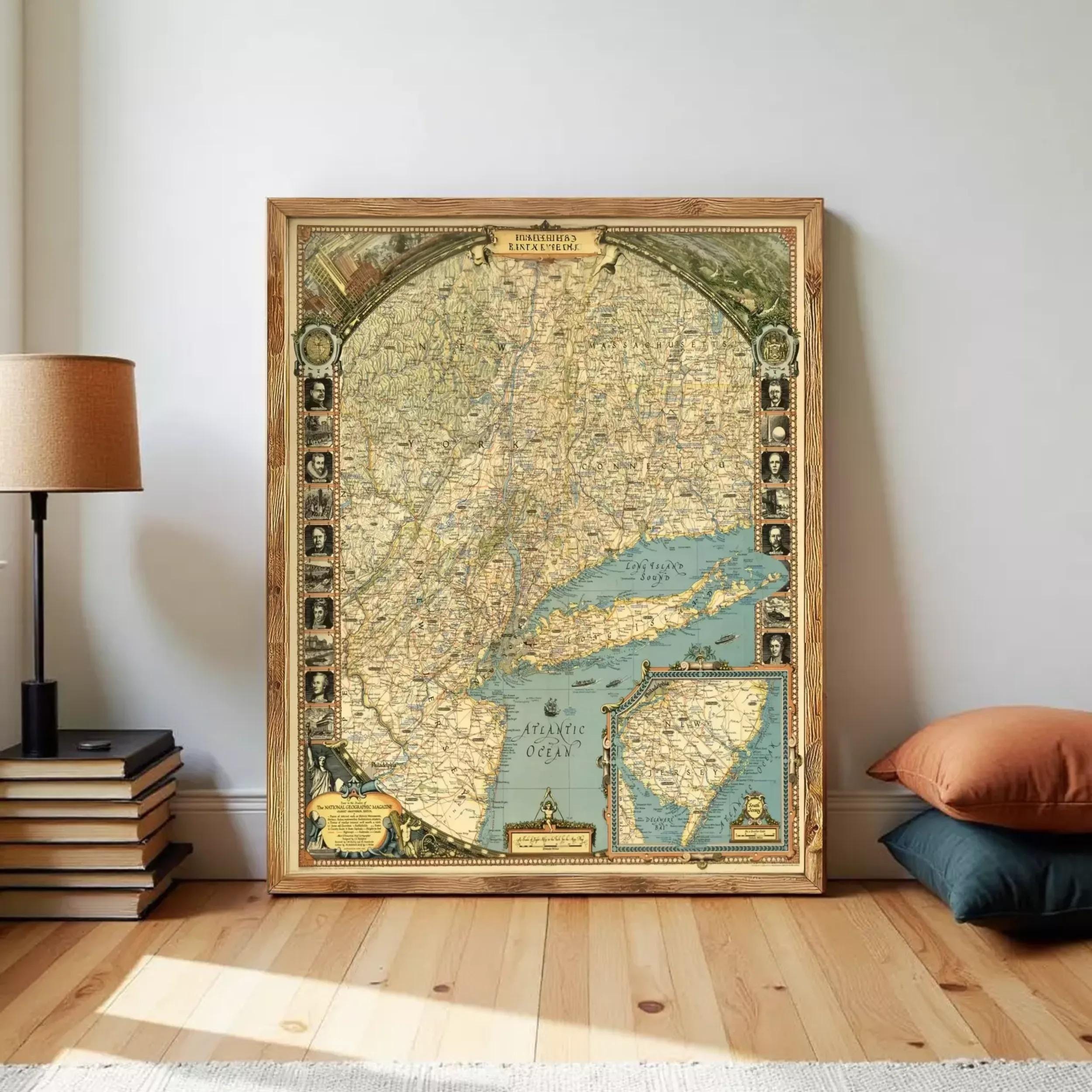 a large framed map of the United States, with a wooden frame and a vintage design. The map is displayed on a wall, and there are some books and pillows visible in the background.