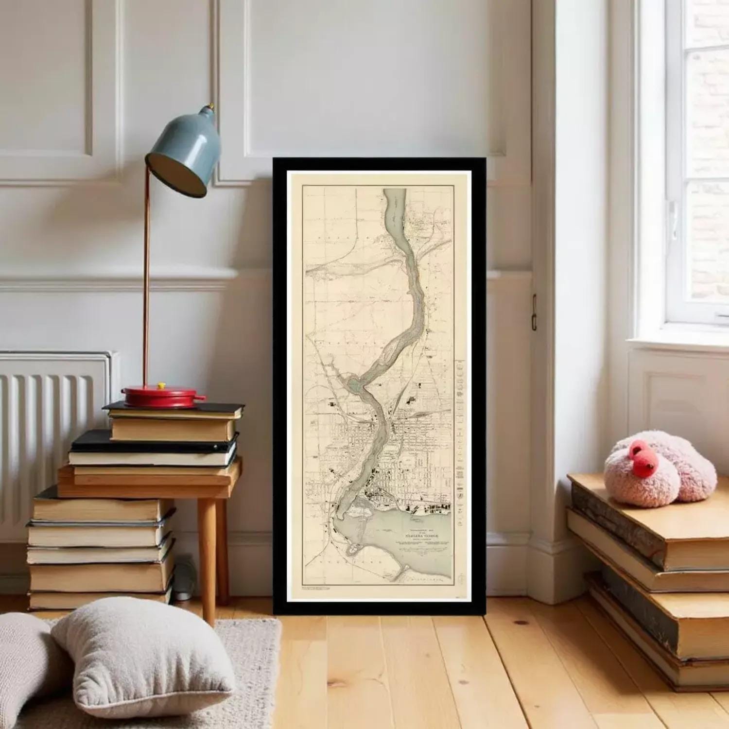 The image is a framed map of a river or waterway, with various locations and landmarks marked on it.