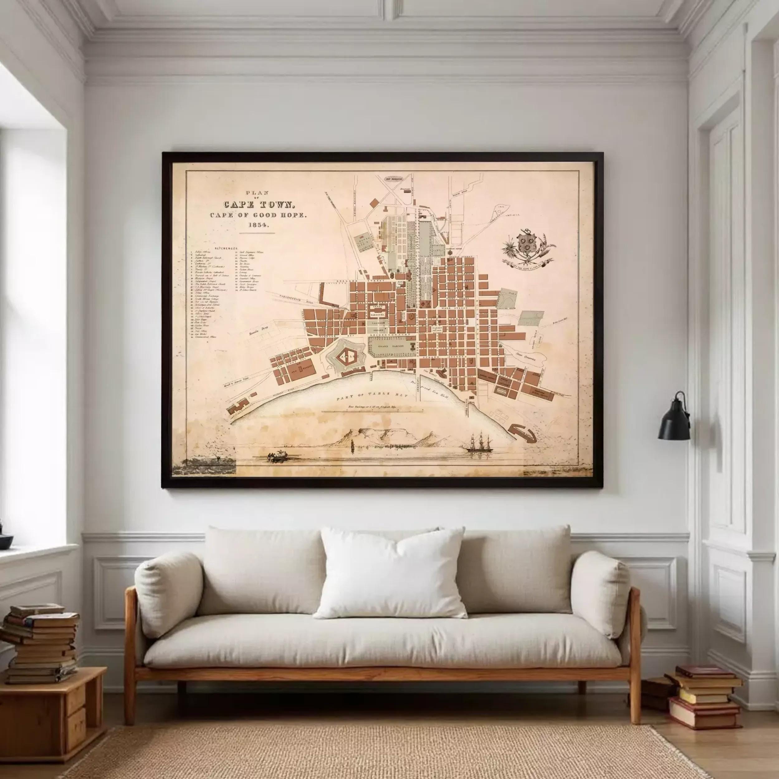 The image is a framed map of Cape Town, South Africa, depicting the city's layout and surrounding areas.