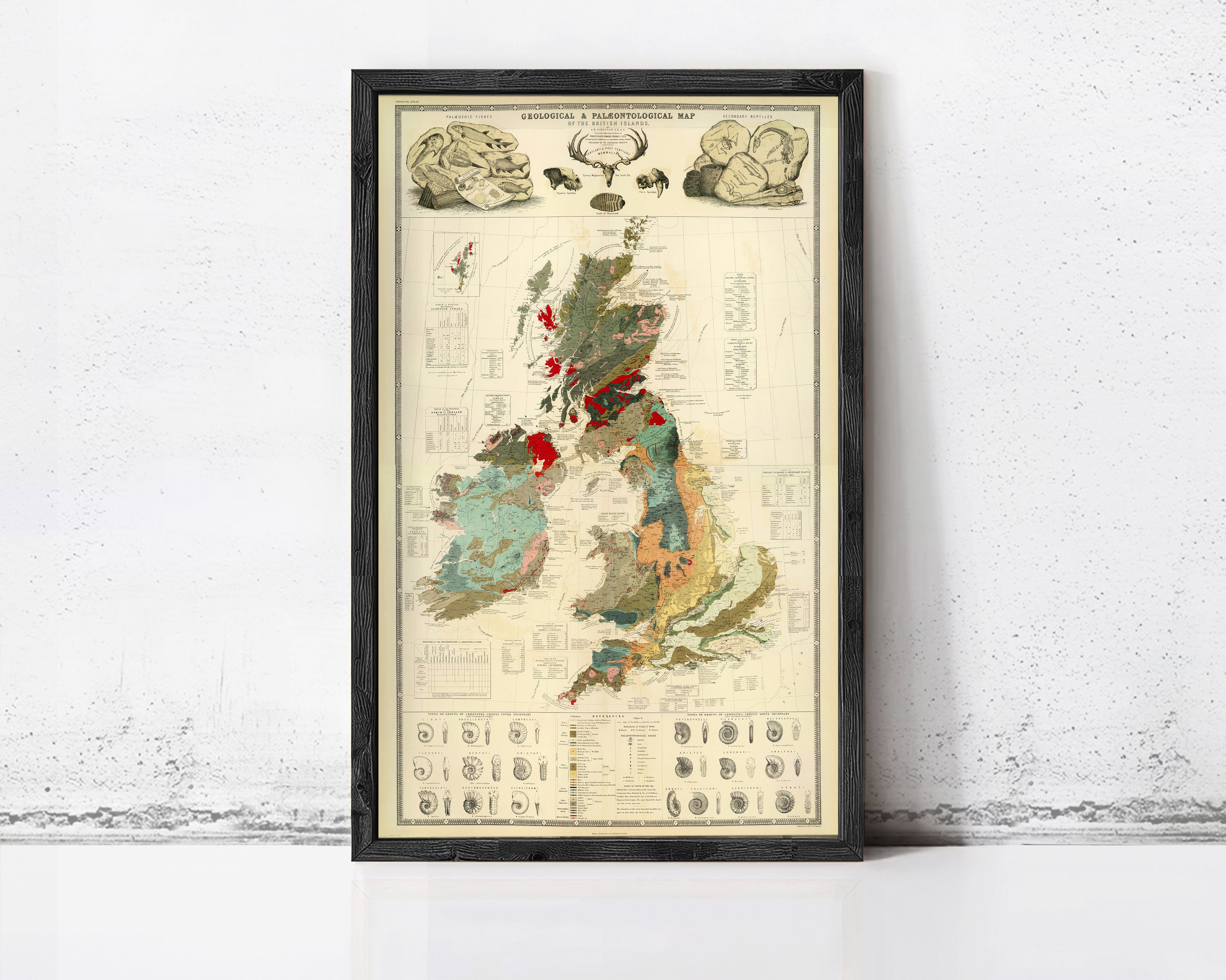 The image is a framed geological map of the United Kingdom, depicting various geological features and data.