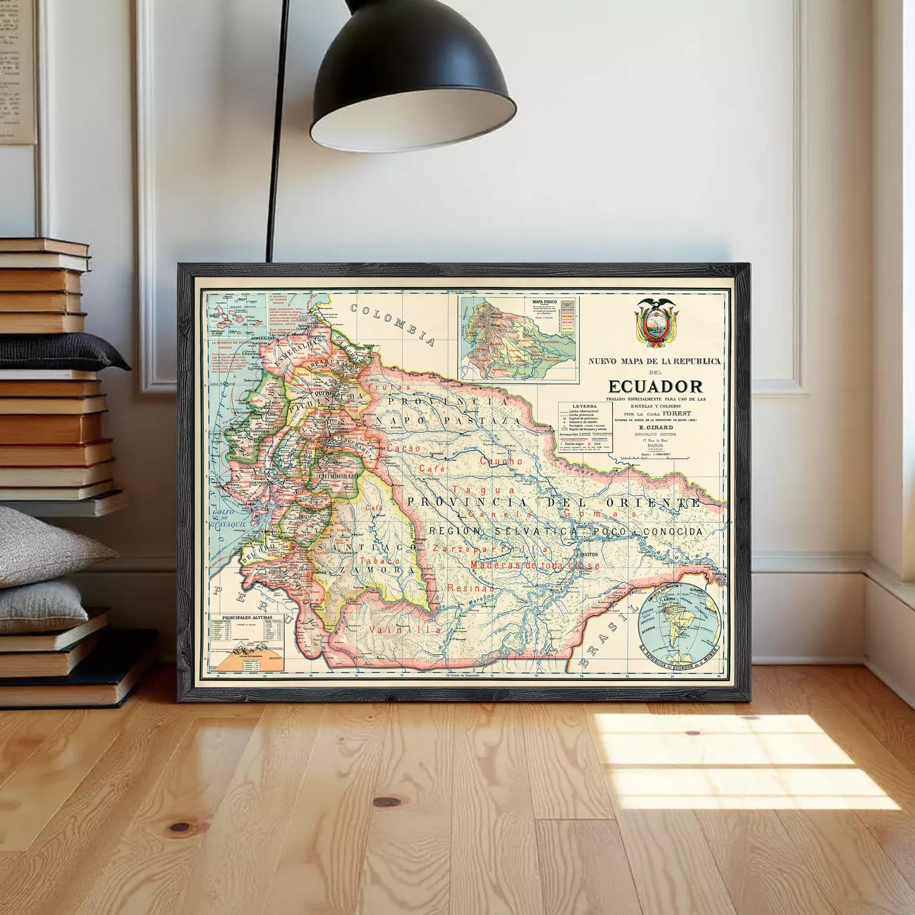 The image is a framed vintage map of Ecuador, depicting the country's geographical layout and surrounding regions.