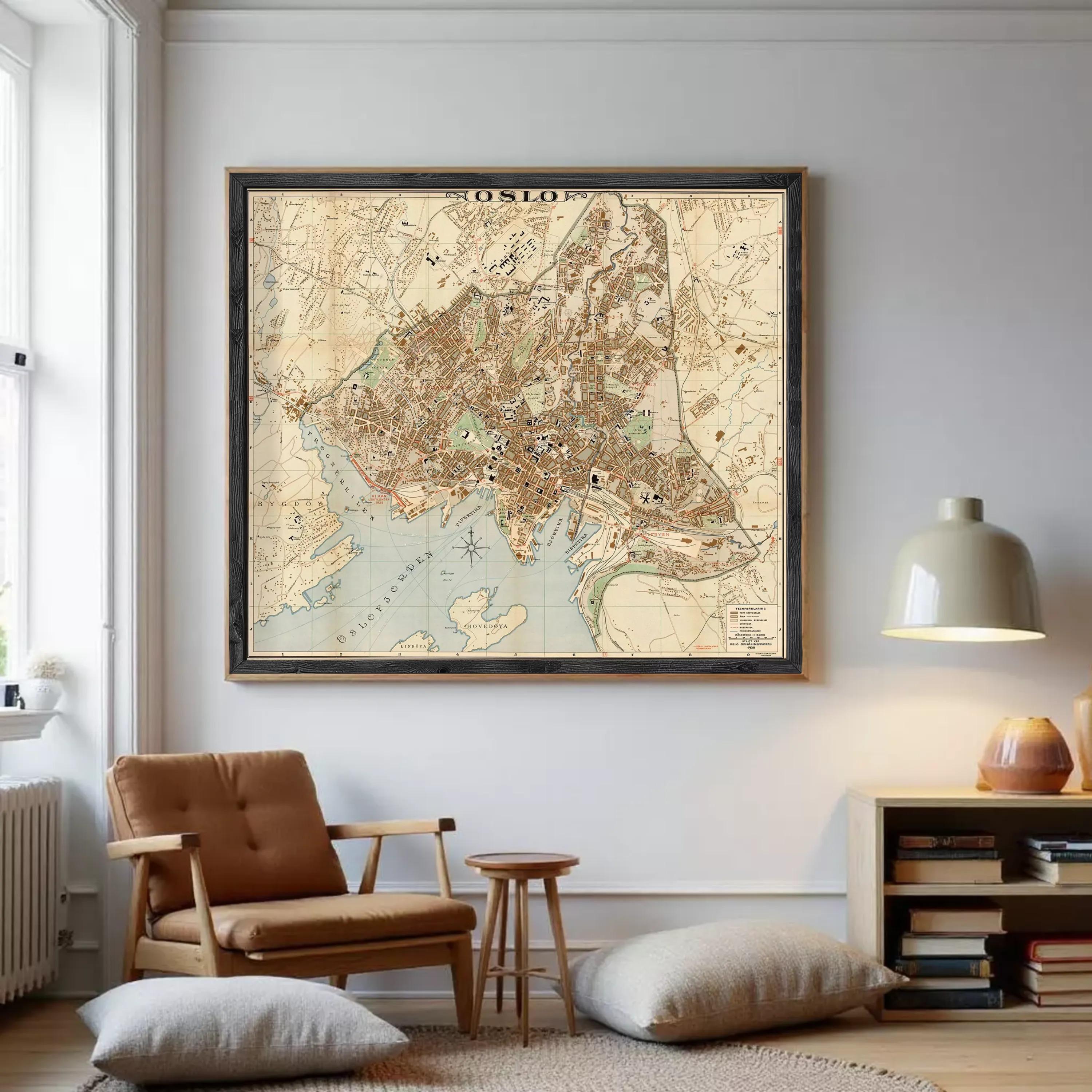 The image is a framed map of the city of Oslo, Norway.