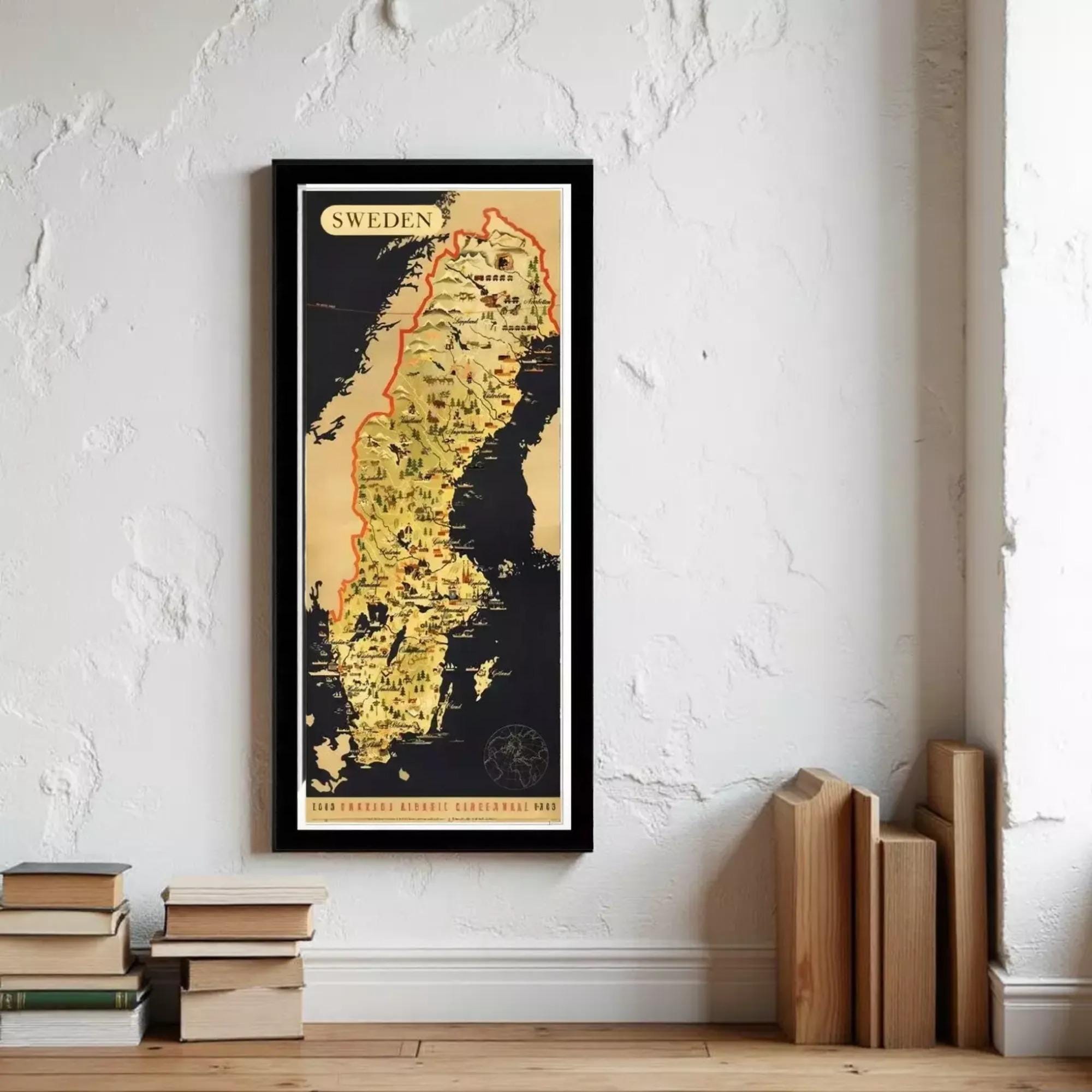 A framed map of Sweden, depicting the country in a vintage style with a black and yellow color scheme.