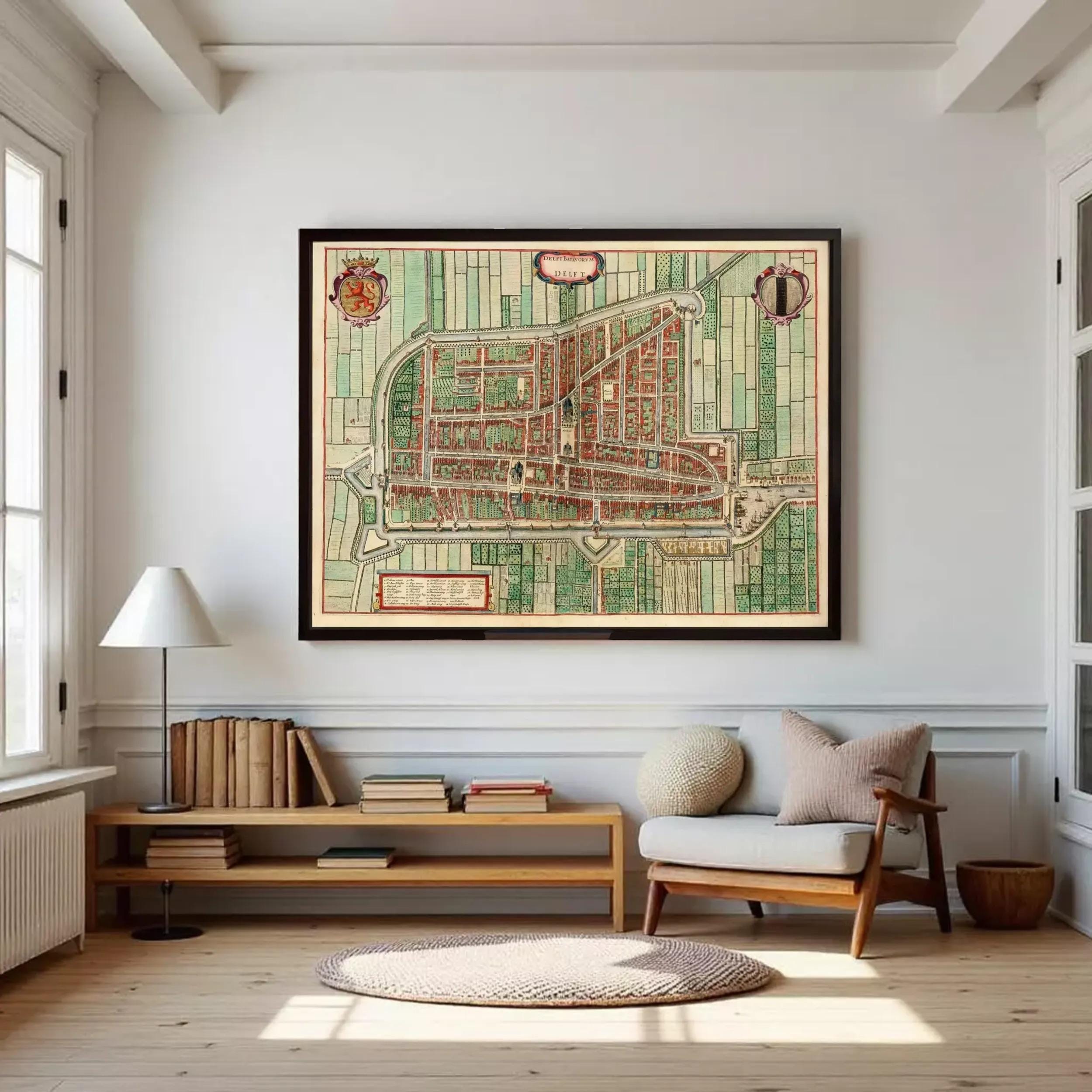 The image is a framed map of a city, depicting a detailed layout of streets, buildings, and other urban features.