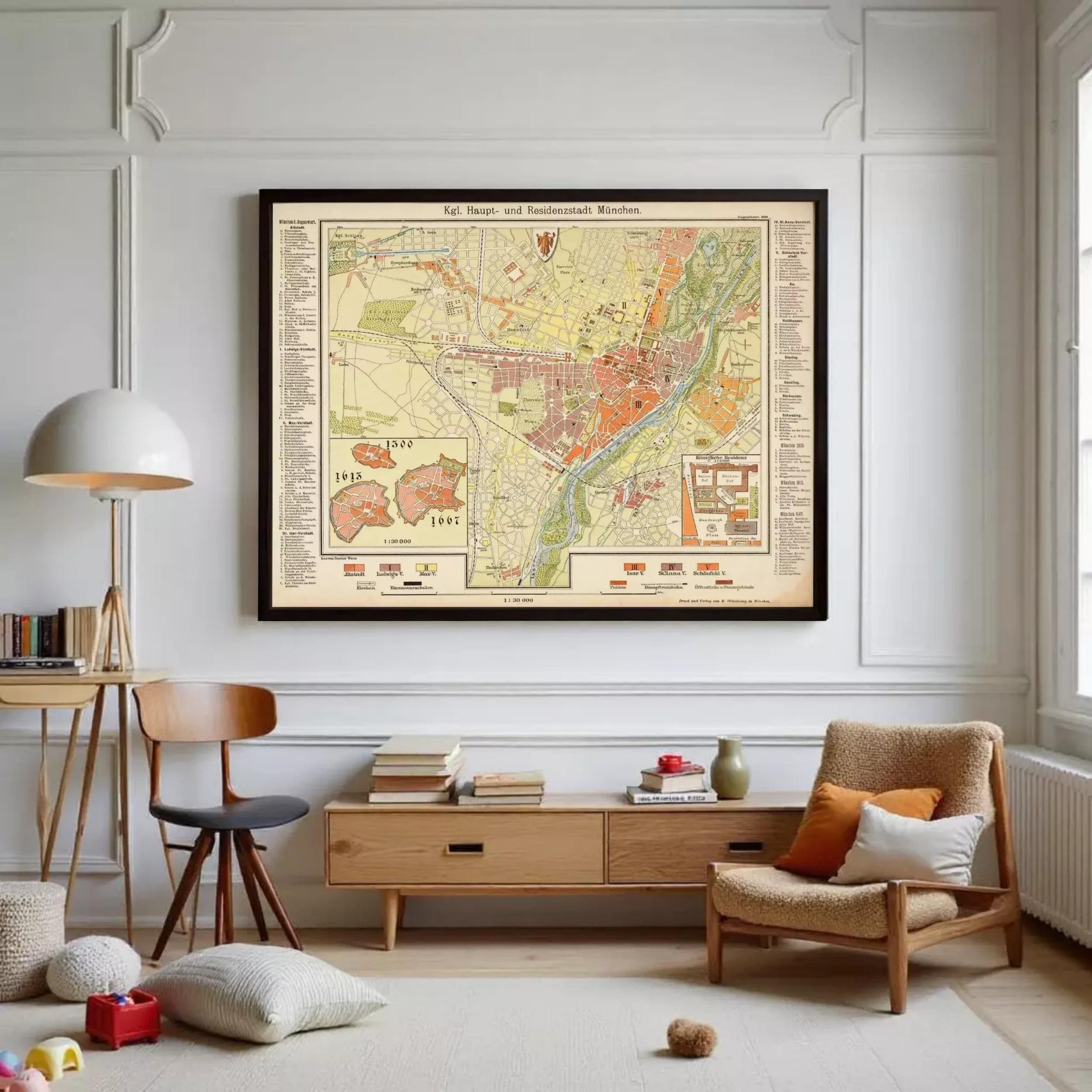 a large framed map of a city hanging on a wall in a living room.
