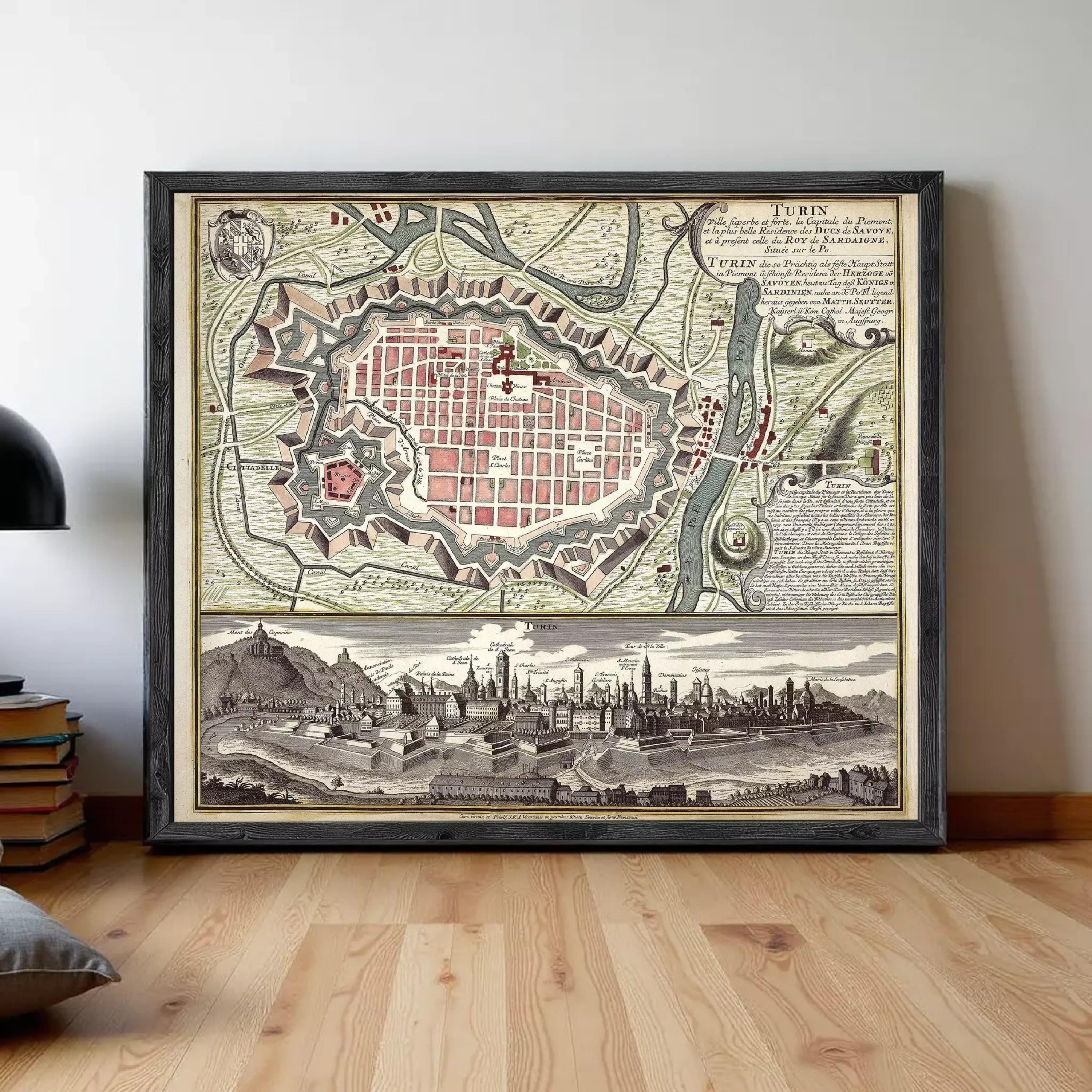 The image is a framed vintage map of Turin, Italy, depicting the city's layout and surrounding areas.