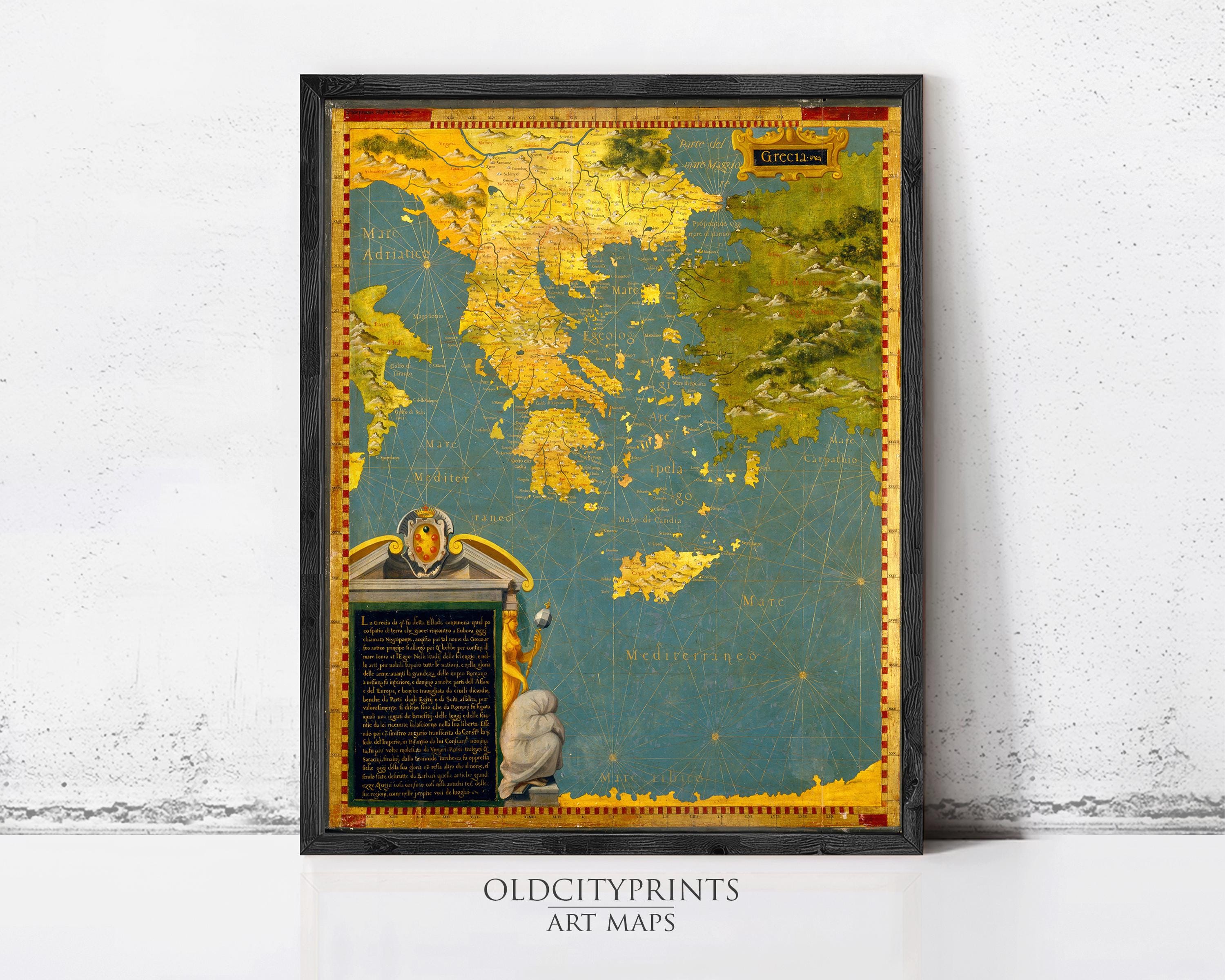 The image is a framed art print depicting a map of ancient Greece, with a decorative border and gold accents.
