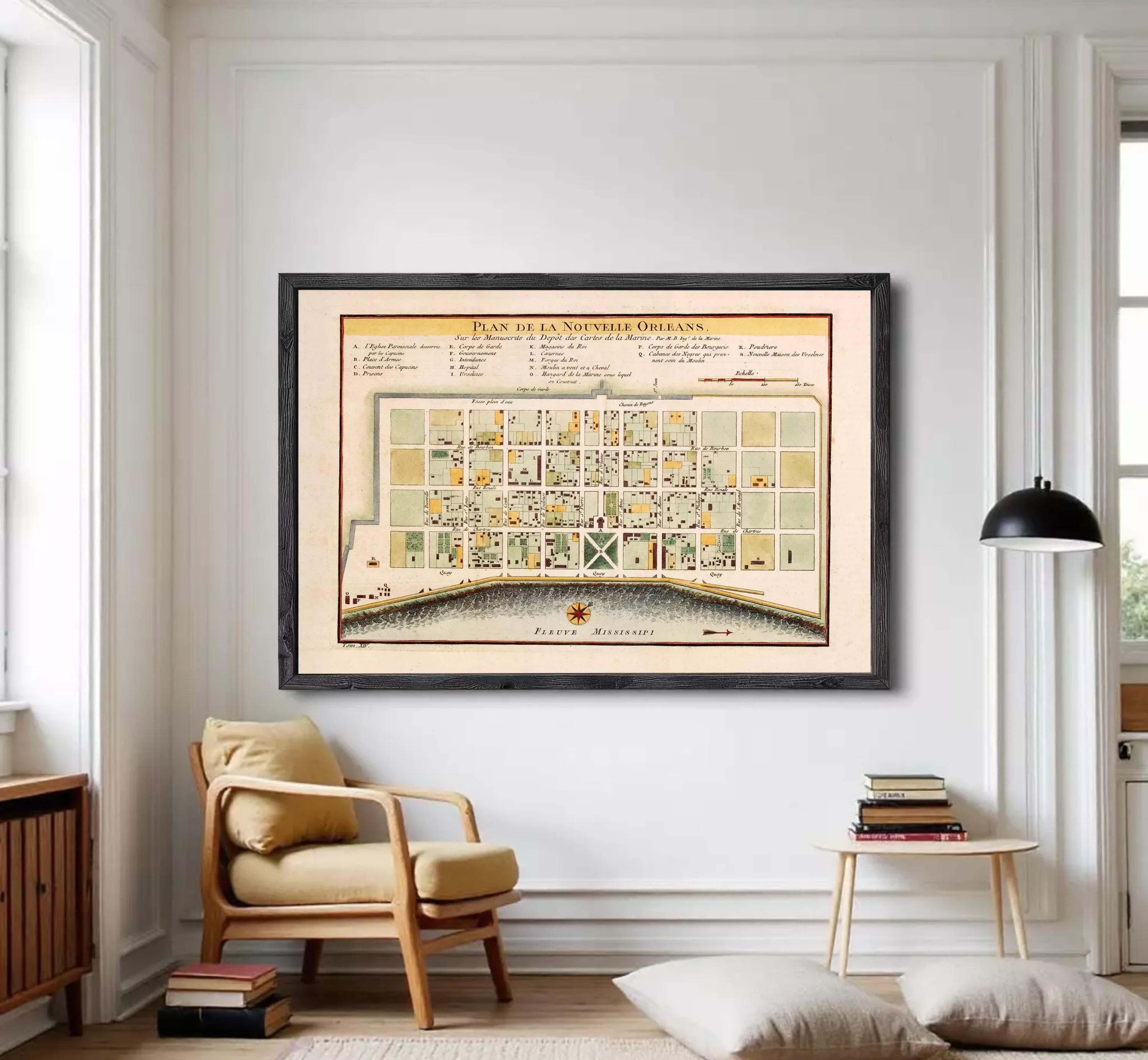 The image is a framed vintage map of the city of New Orleans, Louisiana, with a detailed layout of the city's streets and buildings.
