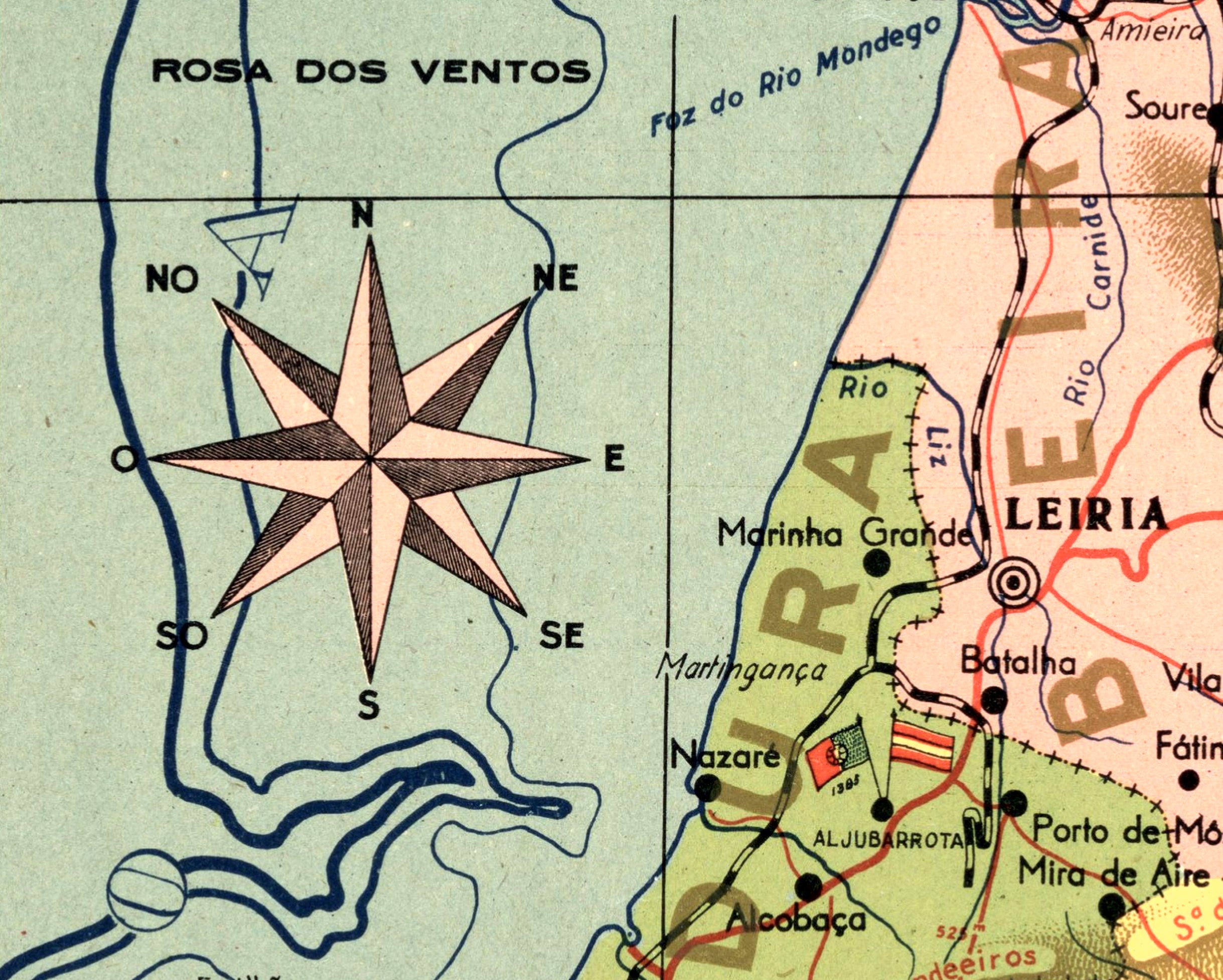 The image is a vintage map showing geographical information, including a compass rose and various locations such as Rio dos ventos, Leiria, and Marina Grándal.