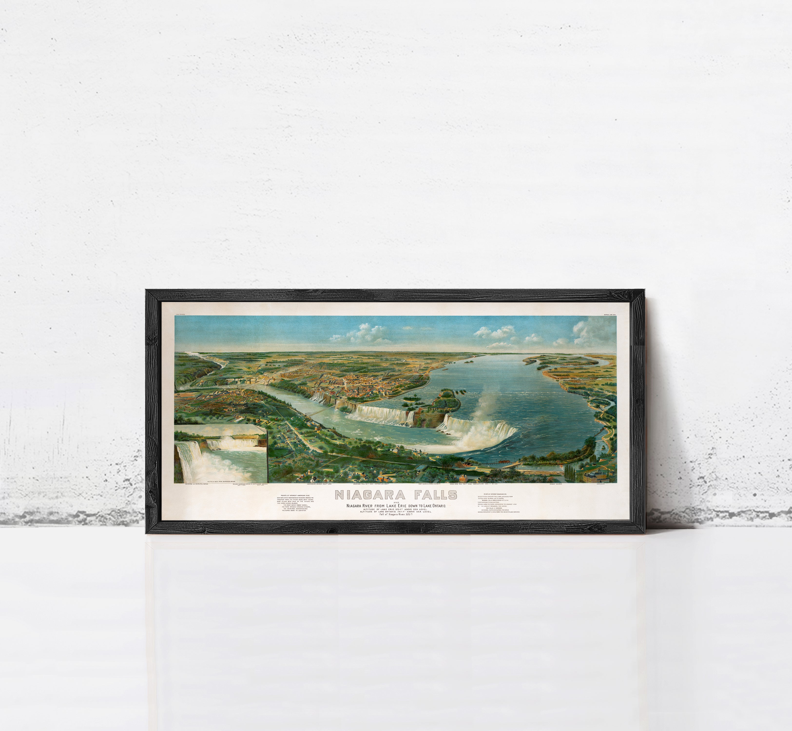 A framed vintage map of Niagara Falls, depicting the falls and surrounding landscape.
