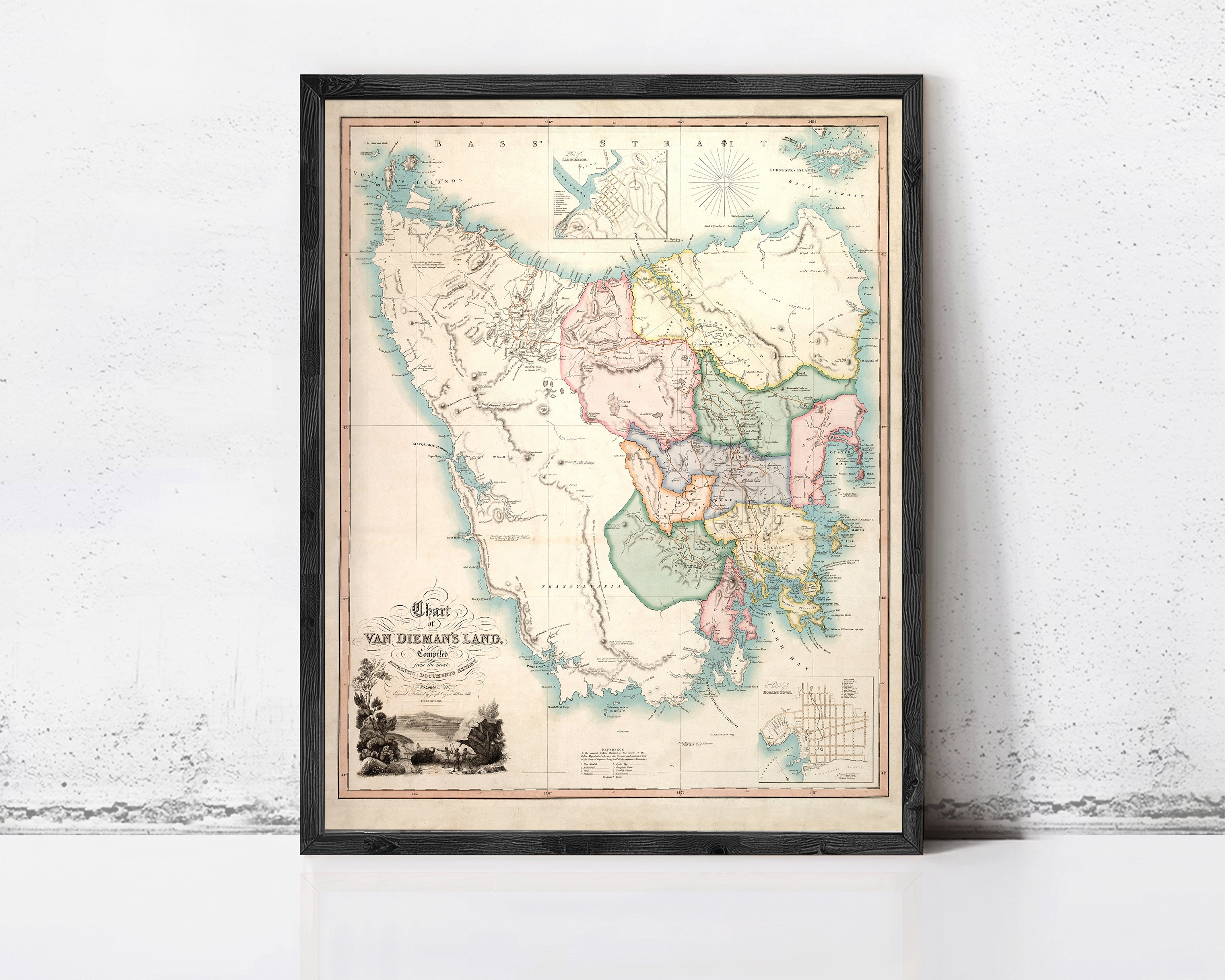 The image is a framed vintage map of the Van Dien's Land, depicting the region in a detailed and colorful manner.