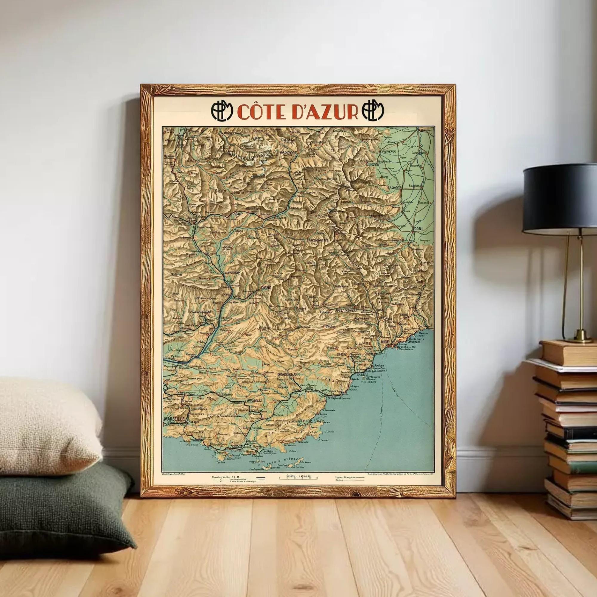 a large framed map of the Côte d'azur region, which is a mountain range in western France.