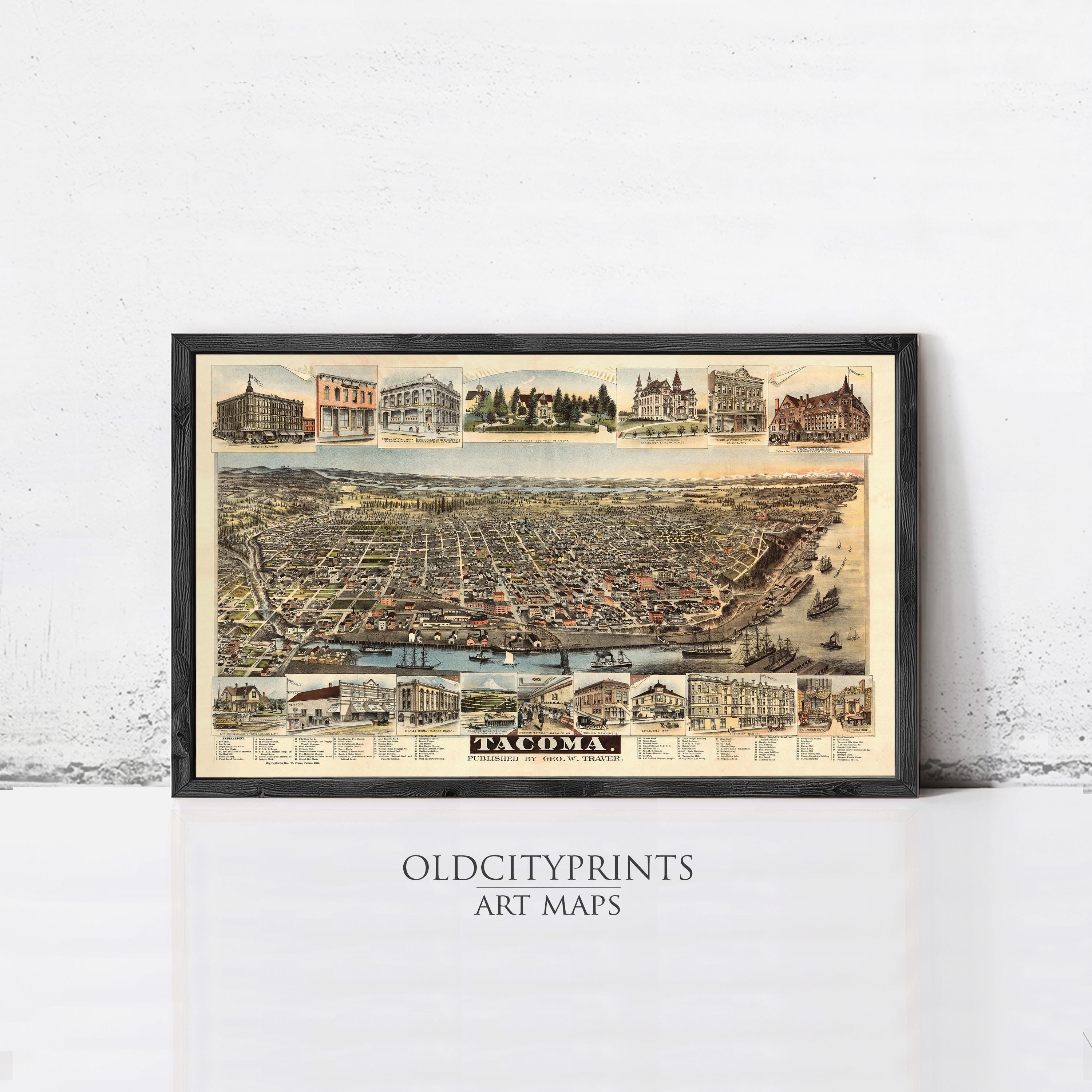 The image is a framed art map of Tacoma, Washington, depicting various buildings and landmarks in the city.