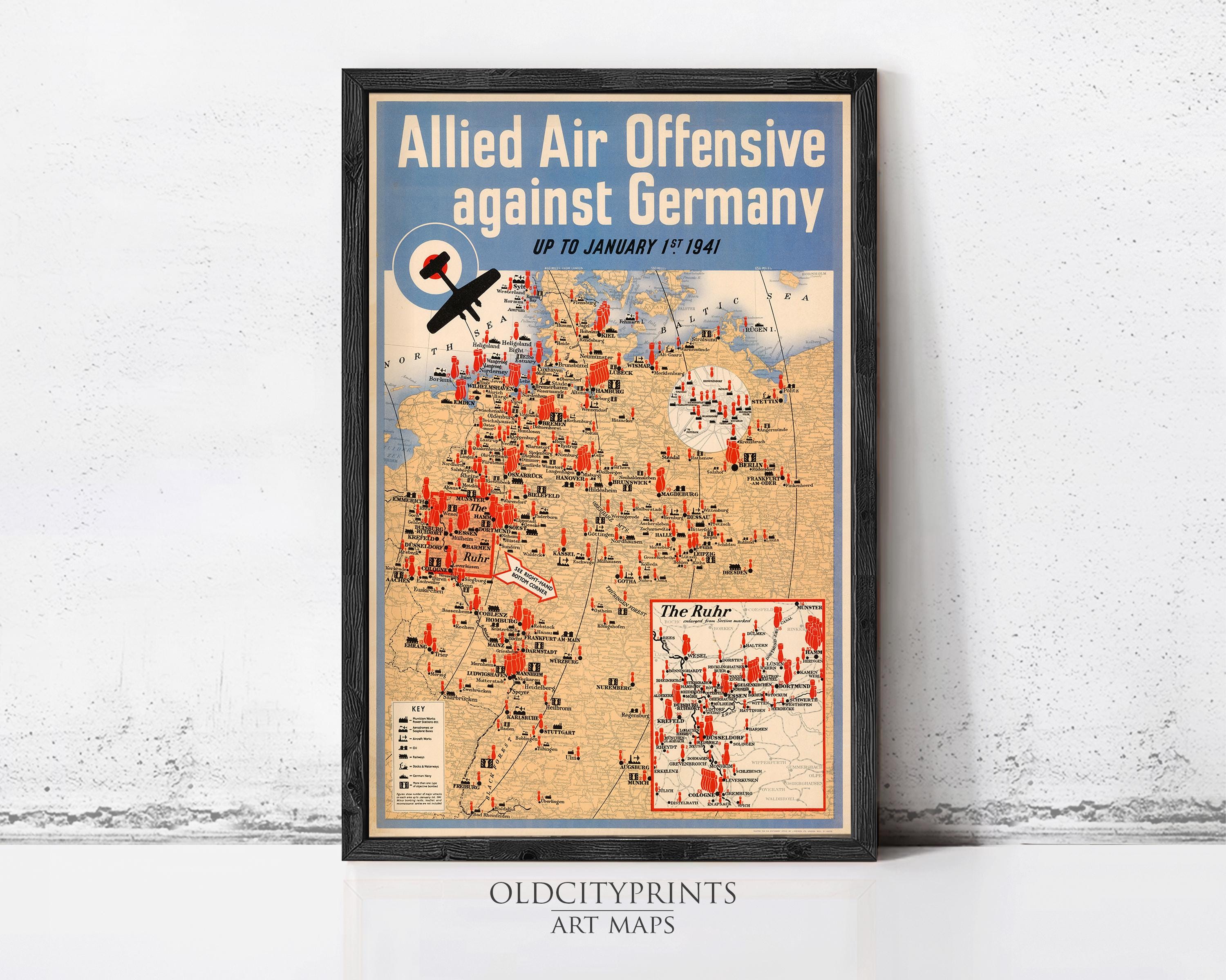The image is a framed vintage poster depicting a map of Europe and Germany during World War II, with a focus on the Allied Air Offensive against Germany.