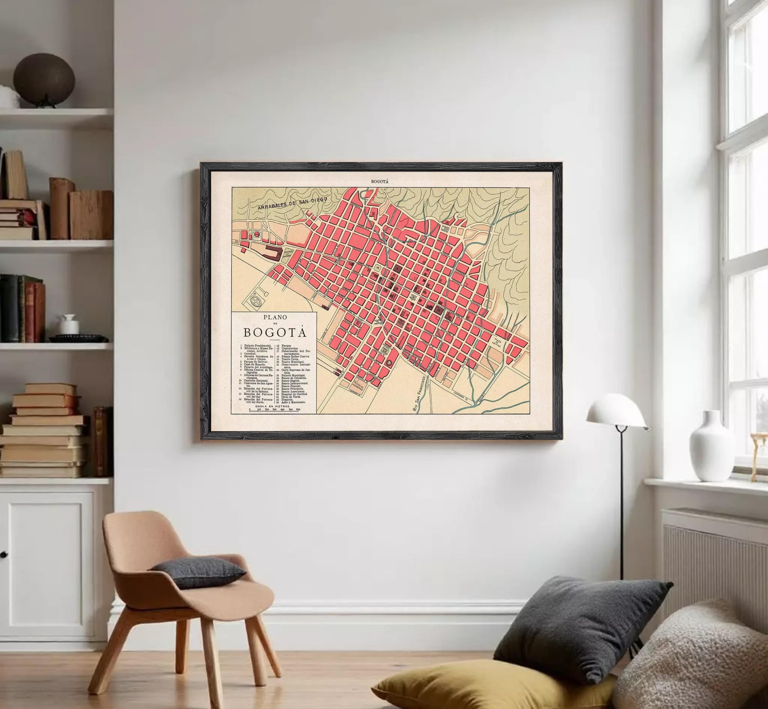 The image is a framed map of Bogota, Colombia, showing the city's layout and streets.