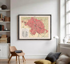 The image is a framed map of Bogota, Colombia, showing the city's layout and streets.