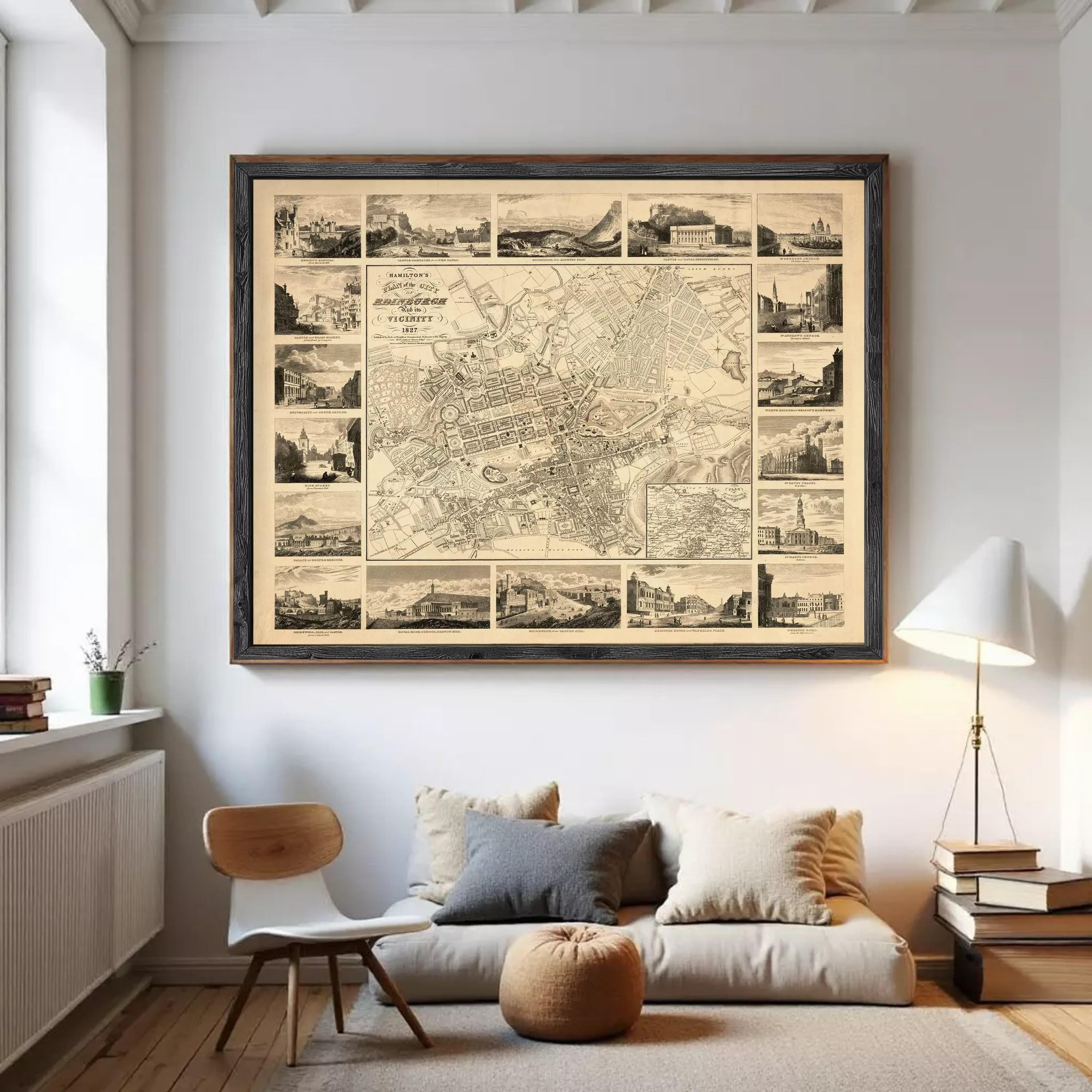 The image is a framed vintage map of a city, featuring a detailed layout of streets, buildings, and landmarks.