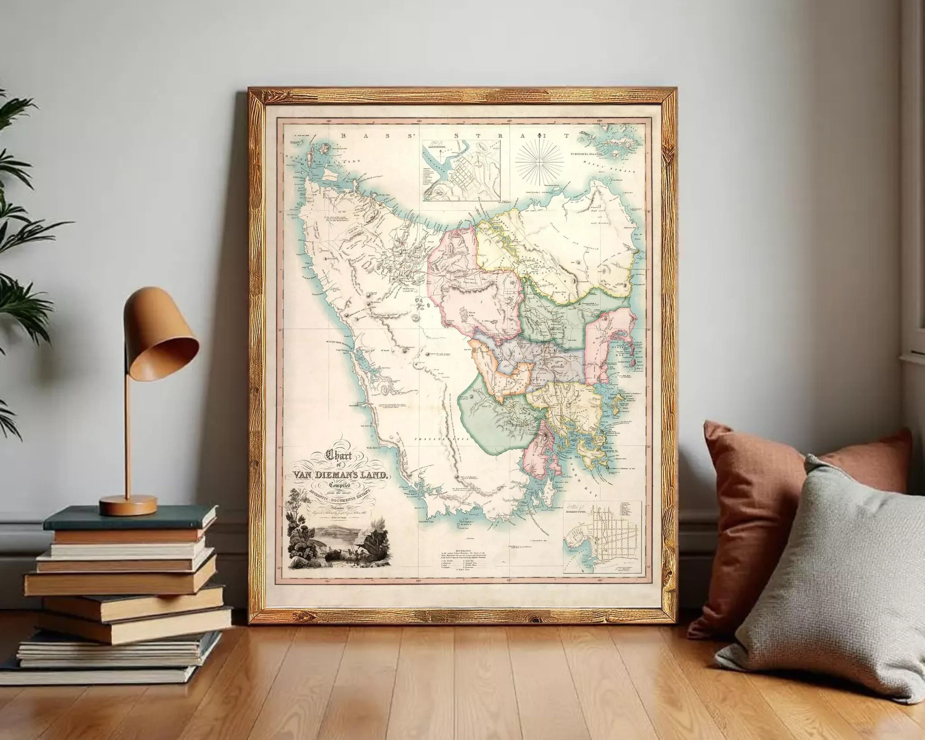 The image is a framed vintage map of the Van Dien's Land, depicting the region in a detailed and colorful manner.