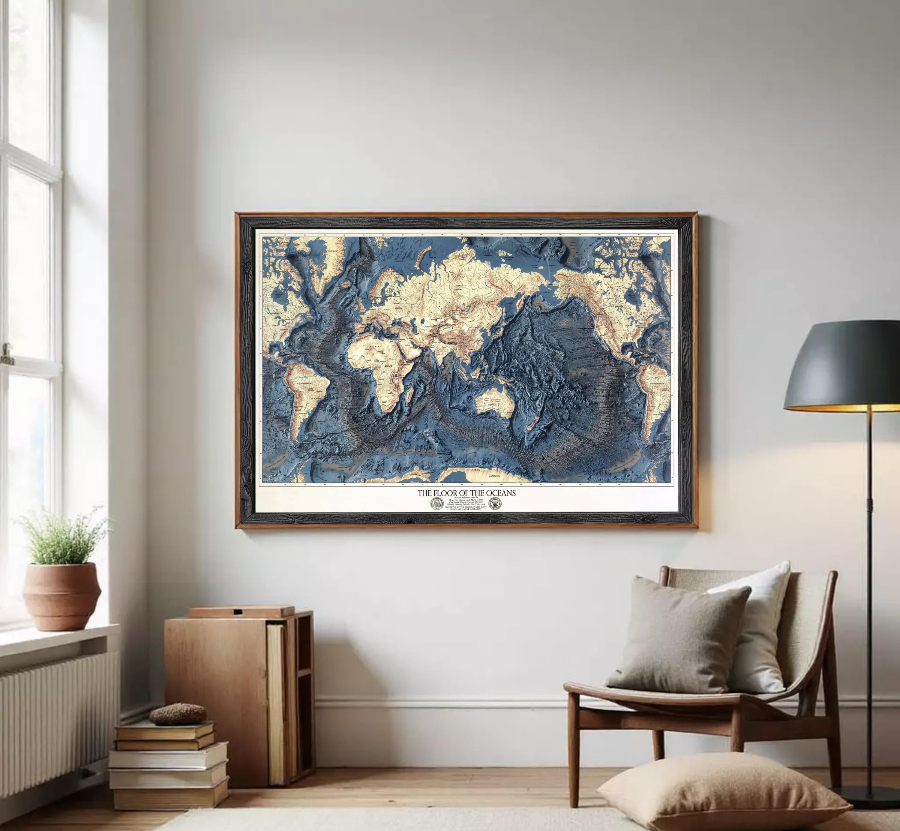 The image is a framed map of the world, specifically depicting the floor of the oceans.