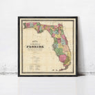 The image is a framed map of Florida, depicting the state in a vintage style.
