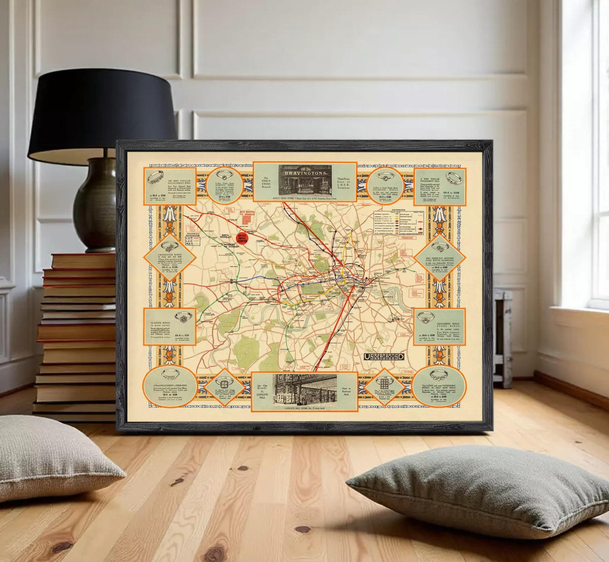 The image is a framed vintage map of London, featuring various landmarks and transportation routes.