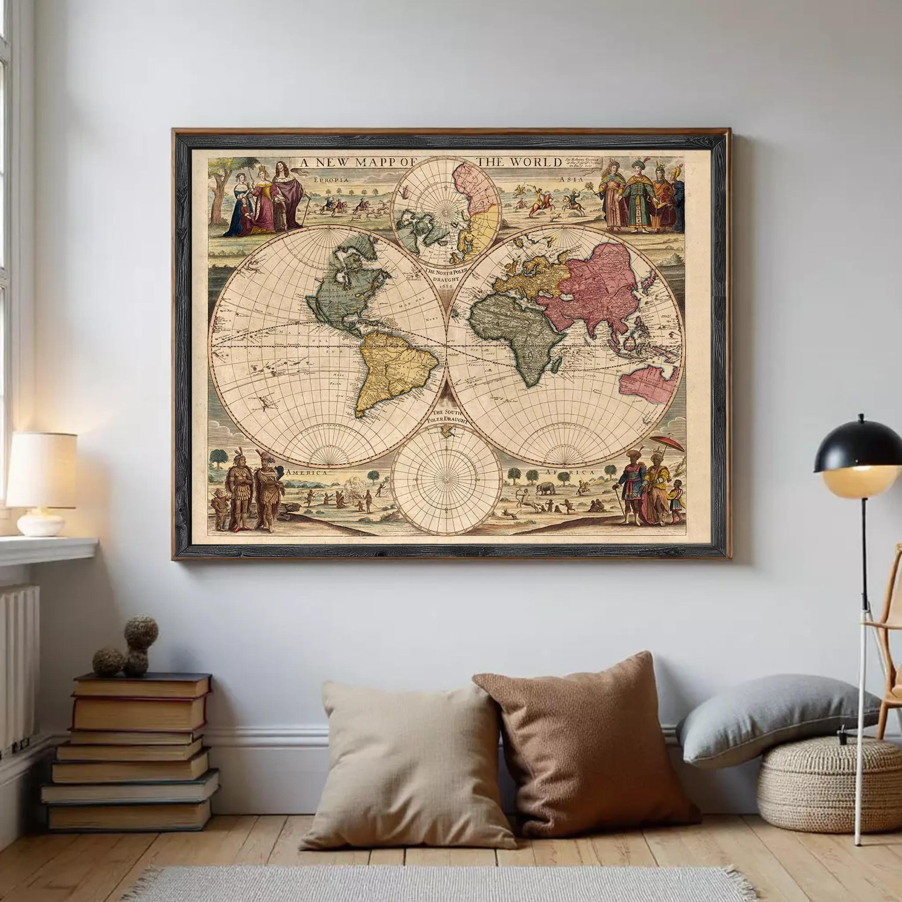 The image is a framed vintage map of the world, depicting a detailed and colorful representation of the continents and oceans.