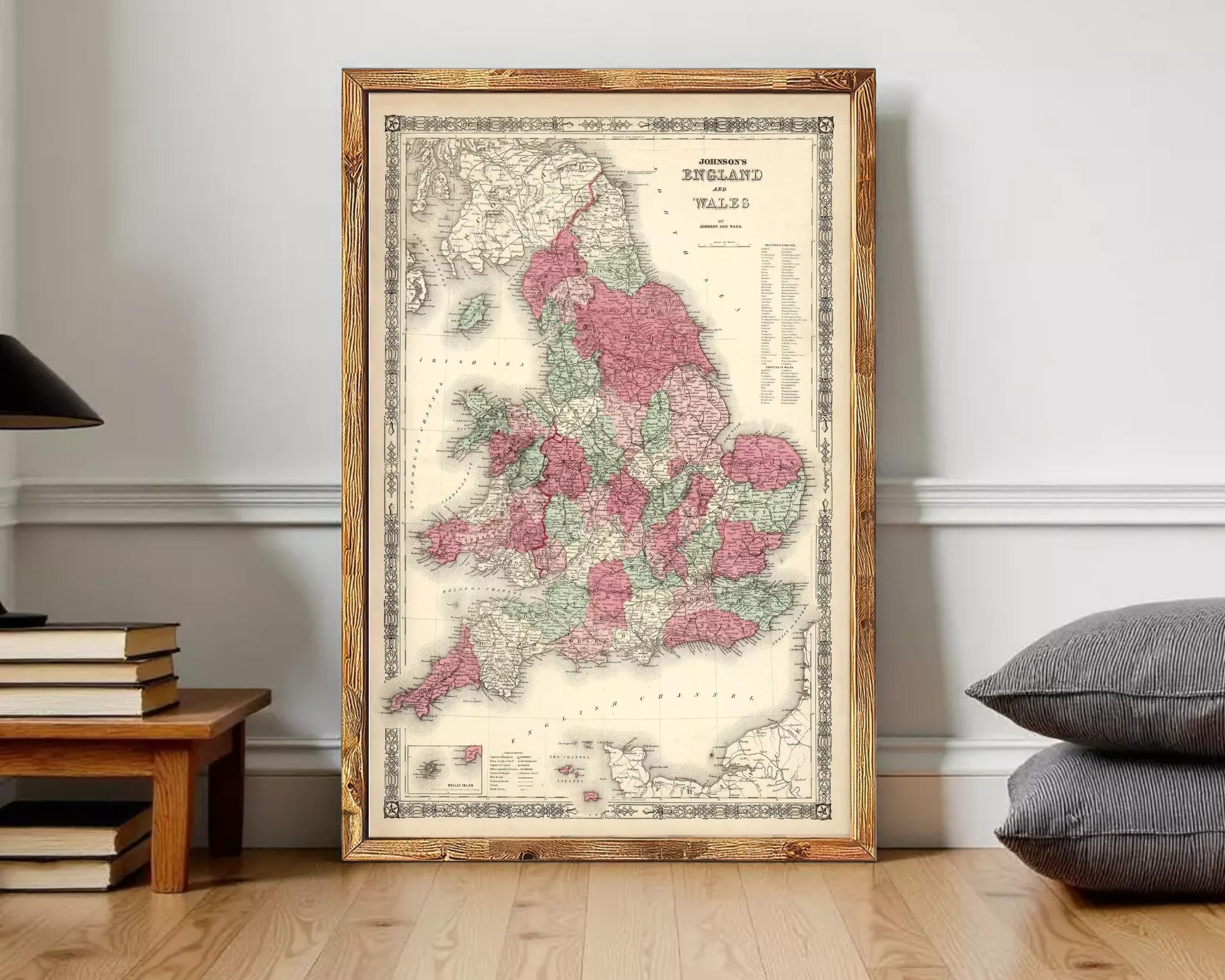 The image is a framed vintage map of the United Kingdom, specifically England and Wales, with a wooden frame.
