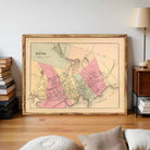 The image is a framed vintage map of Lynn, Massachusetts, depicting the town and surrounding areas in a detailed and colorful manner.