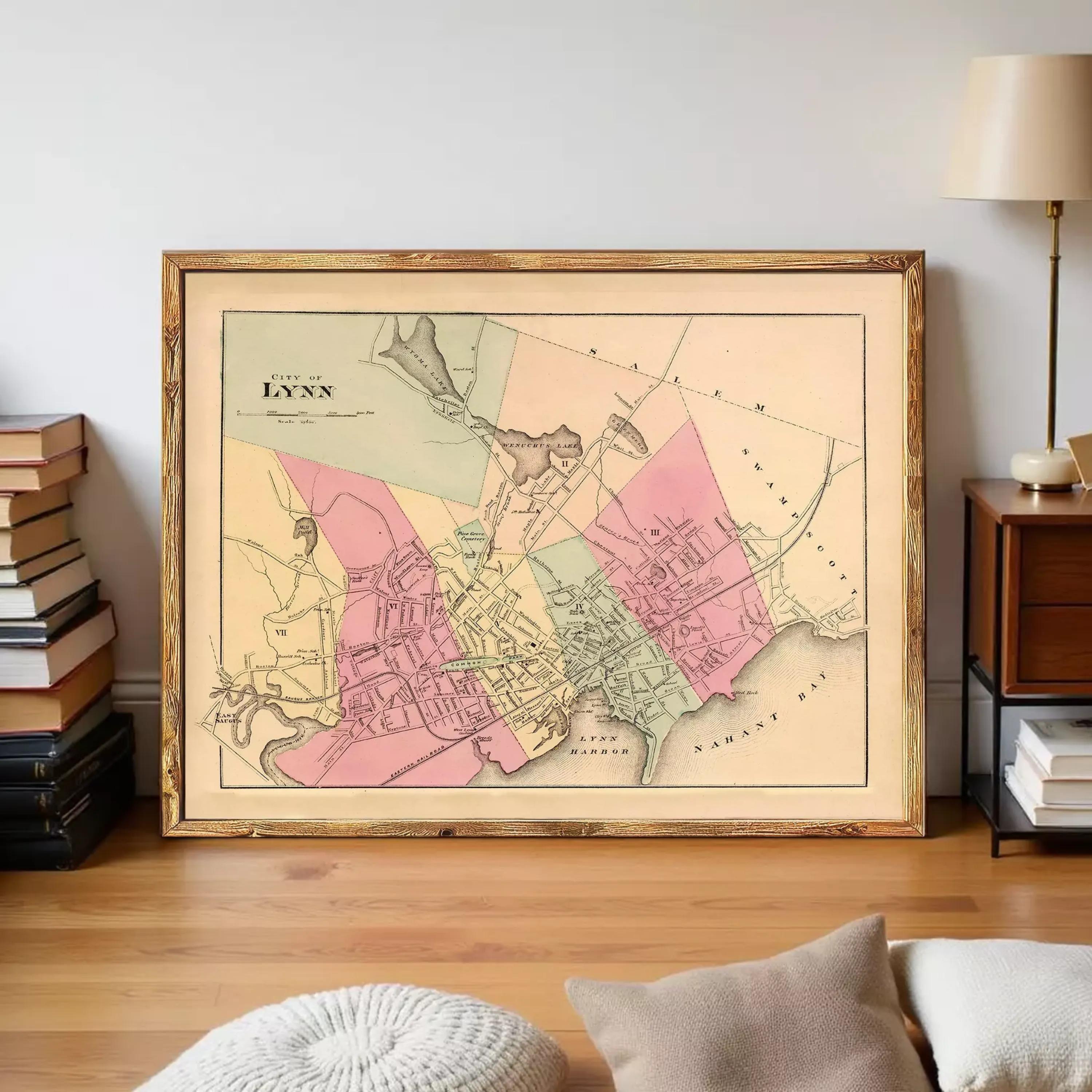 The image is a framed vintage map of Lynn, Massachusetts, depicting the town and surrounding areas in a detailed and colorful manner.