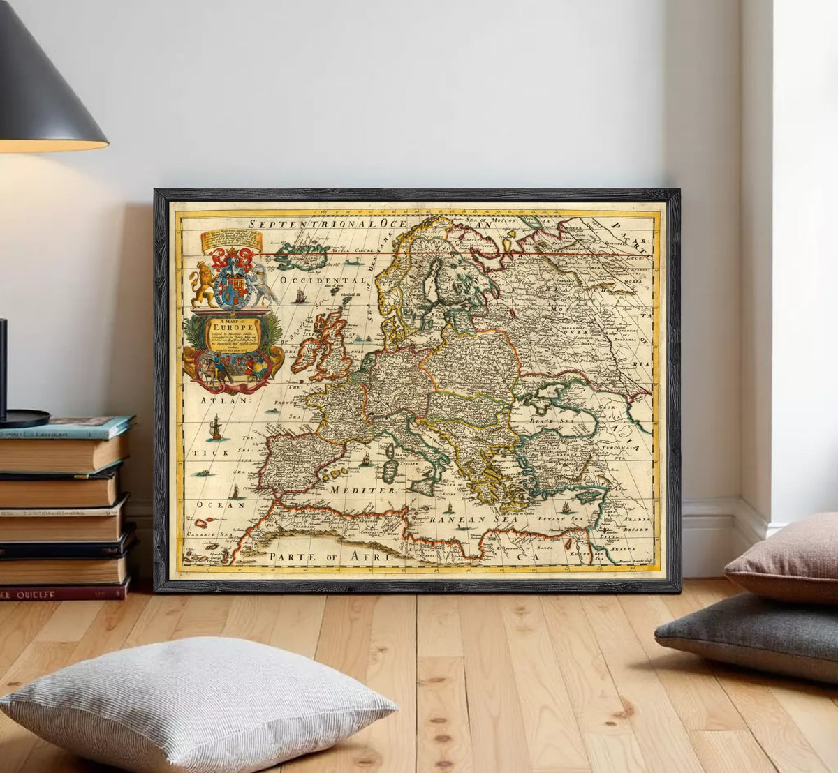 The image is a framed vintage map of Europe, depicting the continent and surrounding seas.