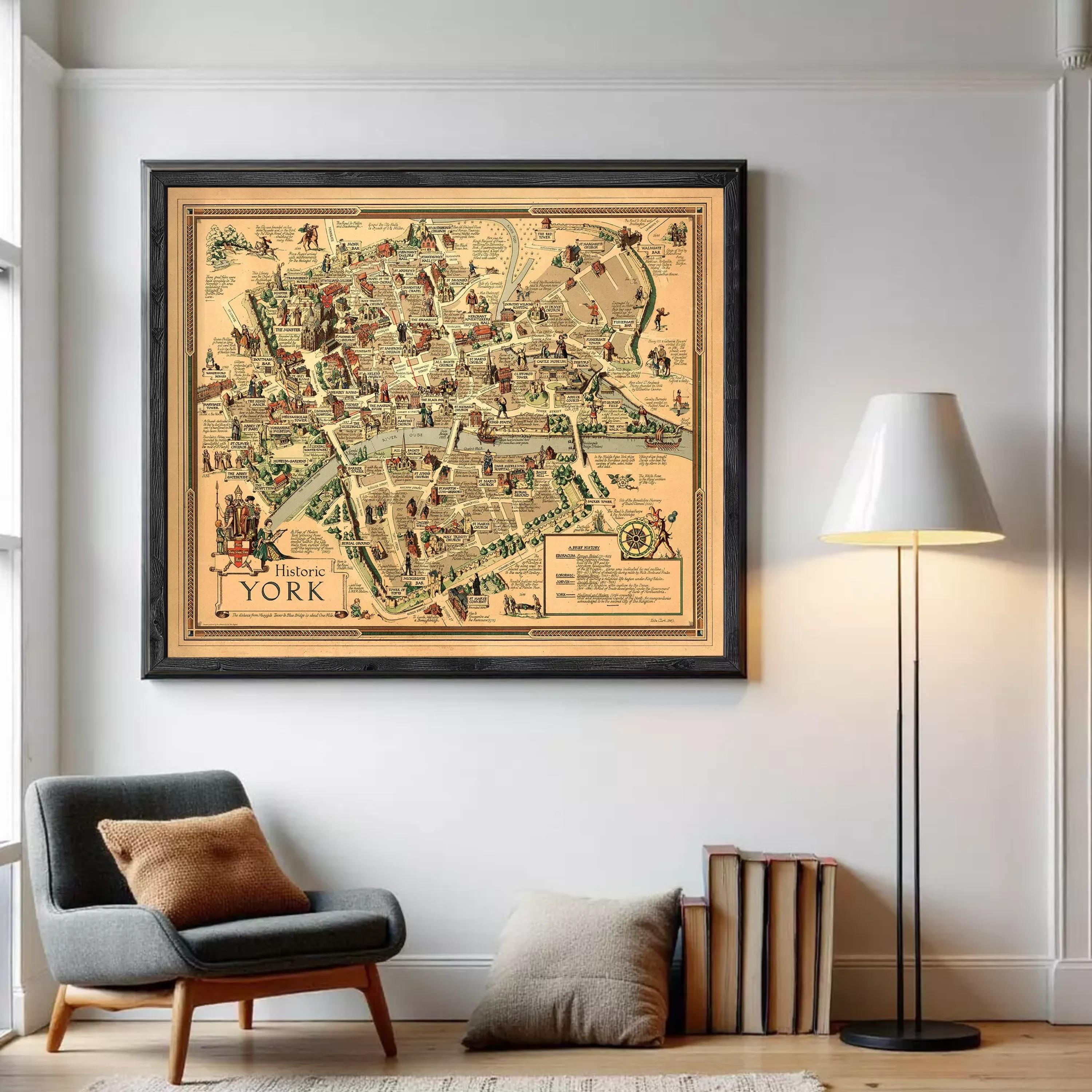 The image is a framed vintage map of historic York, England, depicting various landmarks and locations within the city.