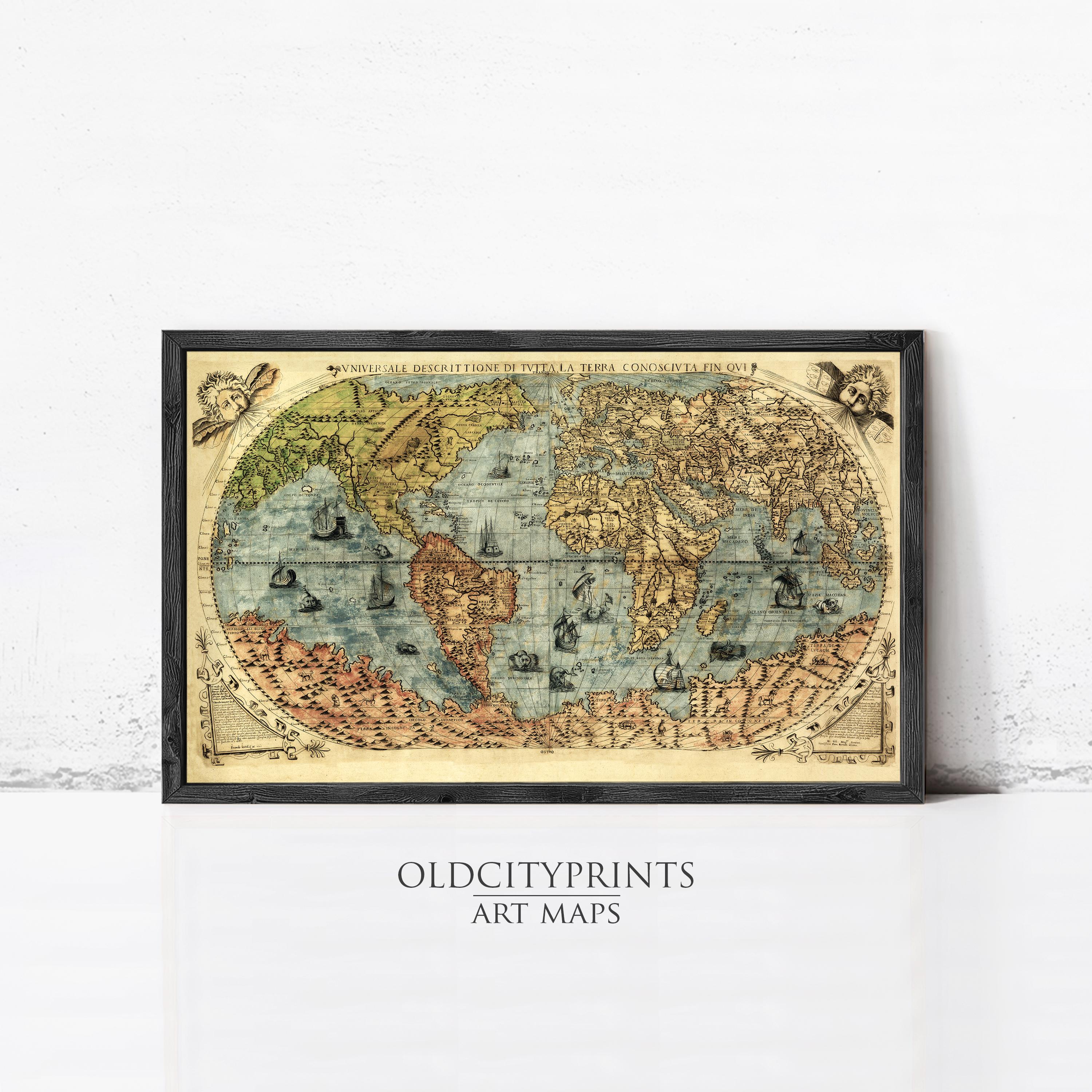 The image is a framed vintage map of the world, depicting various regions and landmarks.