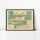 The image is a framed vintage map of Cyprus, depicting the country's geographical layout and surrounding areas.