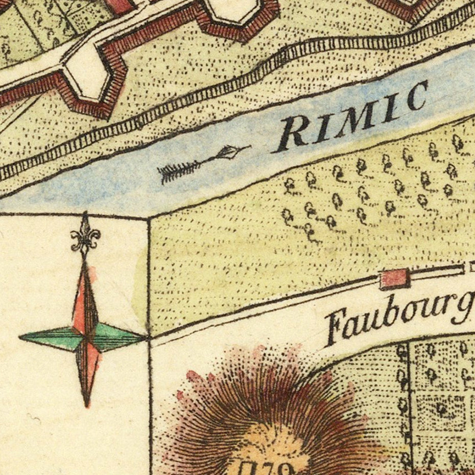 The image is a detailed map of a region, possibly France, with various landmarks and geographical features depicted. The map includes a river, a compass rose, and the name 'RIMIC' prominently displayed. The image also includes the text 'Faubourg' and '1790', which may indicate the location or a specific year. The image is not a single, continuous scene but rather a collection of different elements that come together to form a comprehensive view of the region.